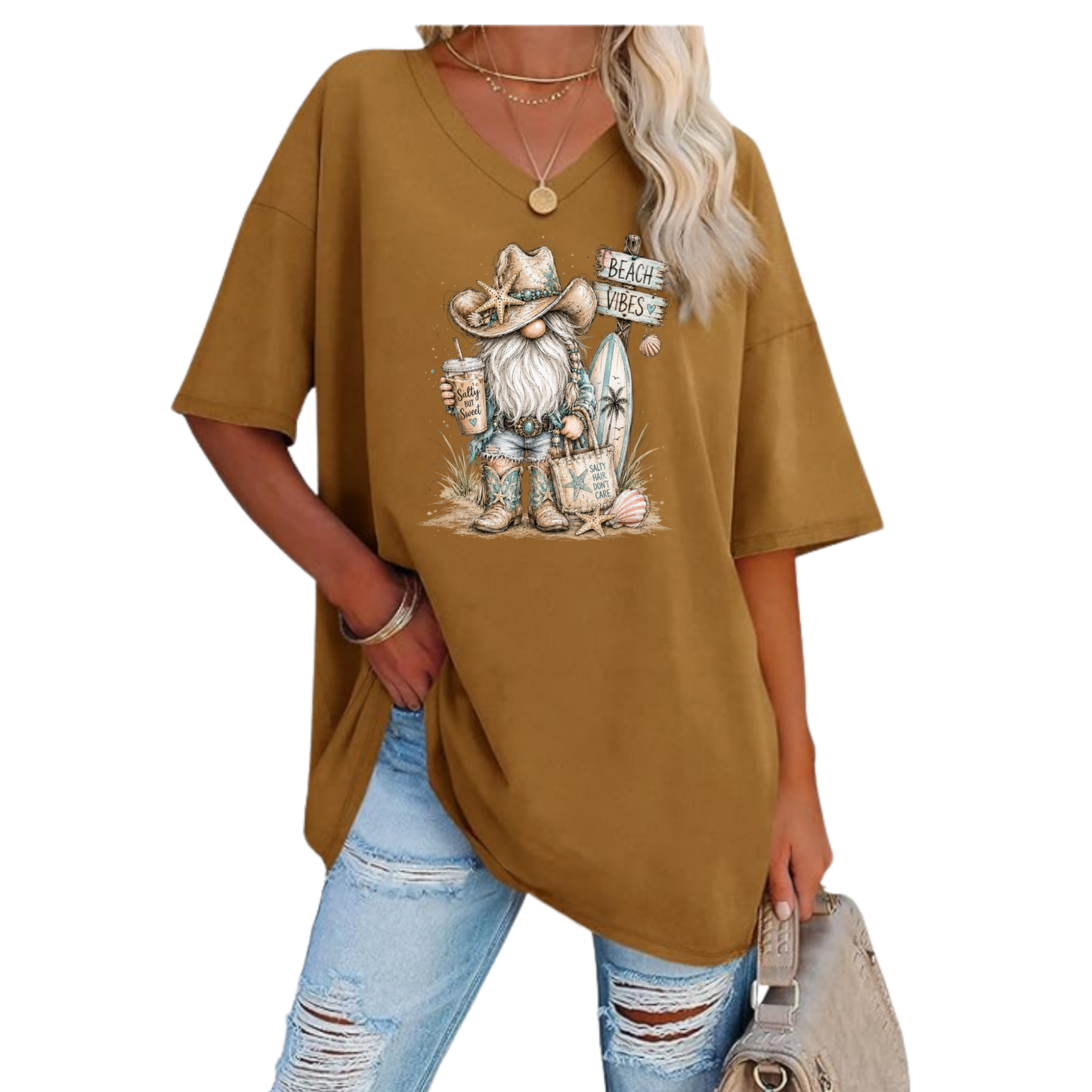 Oversized V-neck tunic tee with Beach Vibes Gnome holding a surfboard and seashell accents in relaxed fit