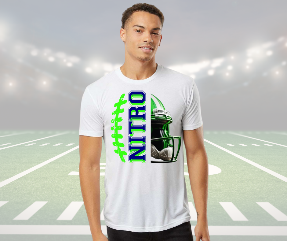 Adult unisex white crew neck Nitro Helmet Shirt featuring green football laces and helmet graphic on front