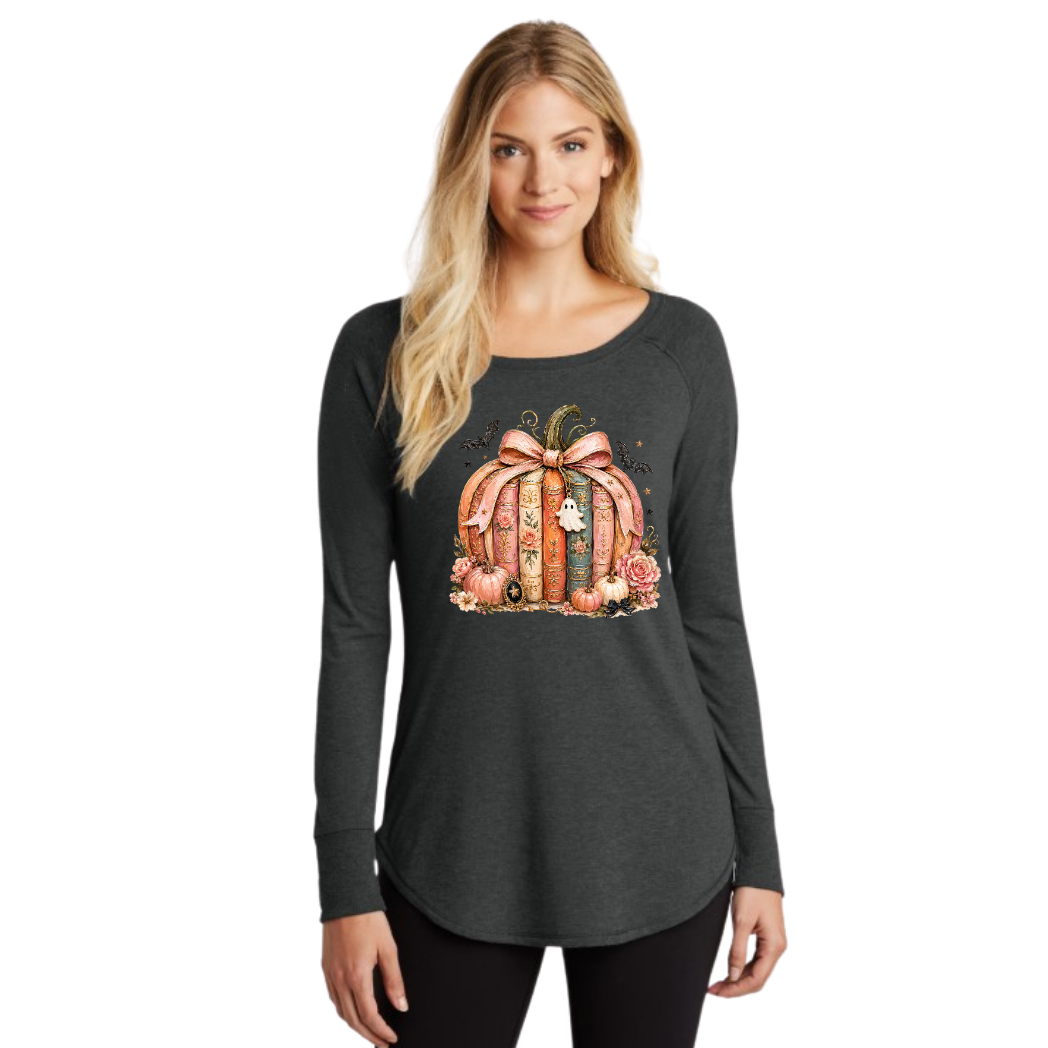 Pumpkin Book Stack Long Sleeve Tunic Tee