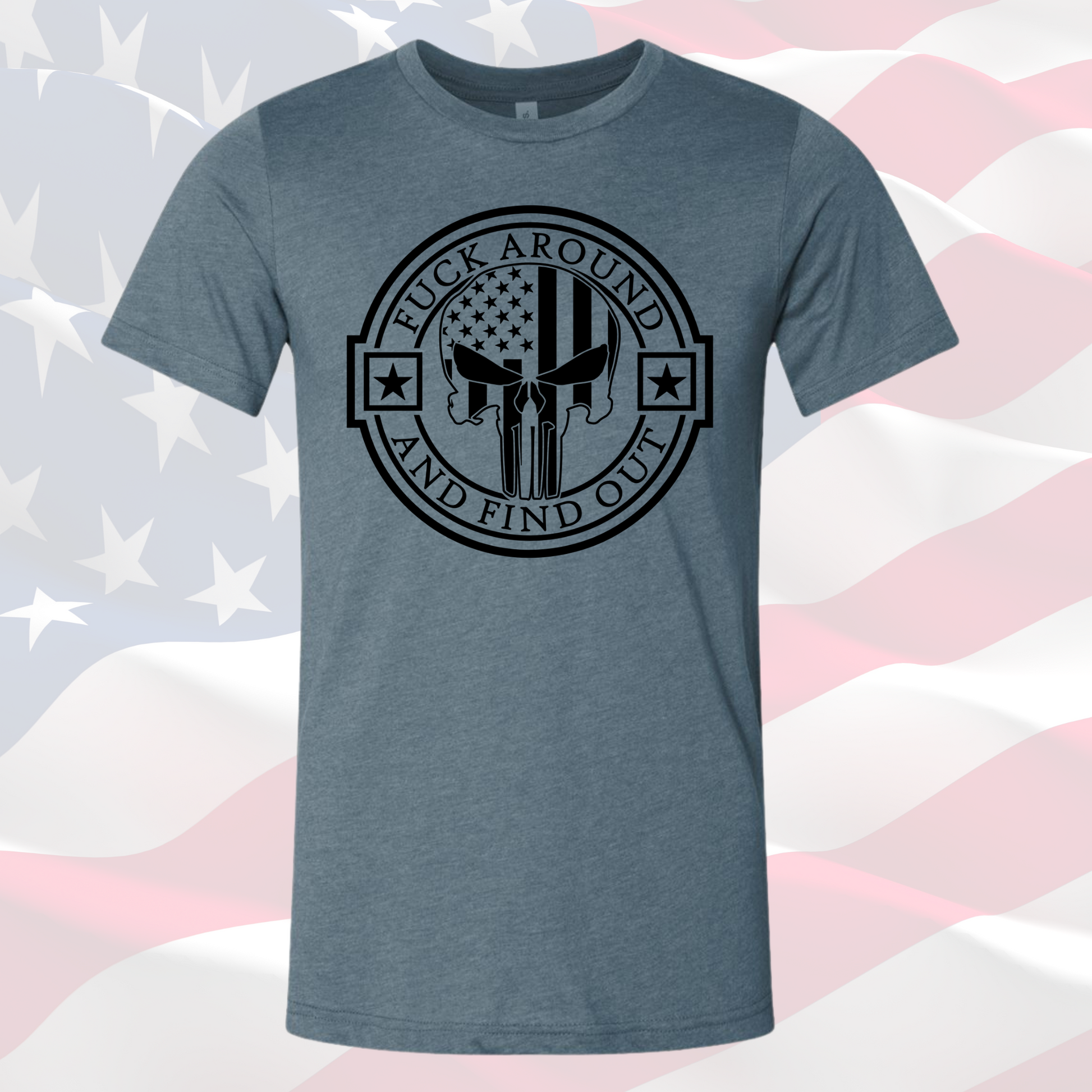 FAFO Punisher Tee with American flag design, unisex crew neck.
