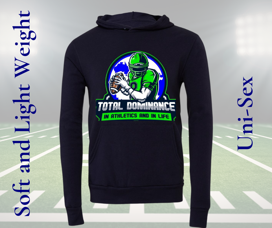 Nitro Football Hoodie adult unisex soft lightweight black hoodie with football player graphic and "Total Dominance" text