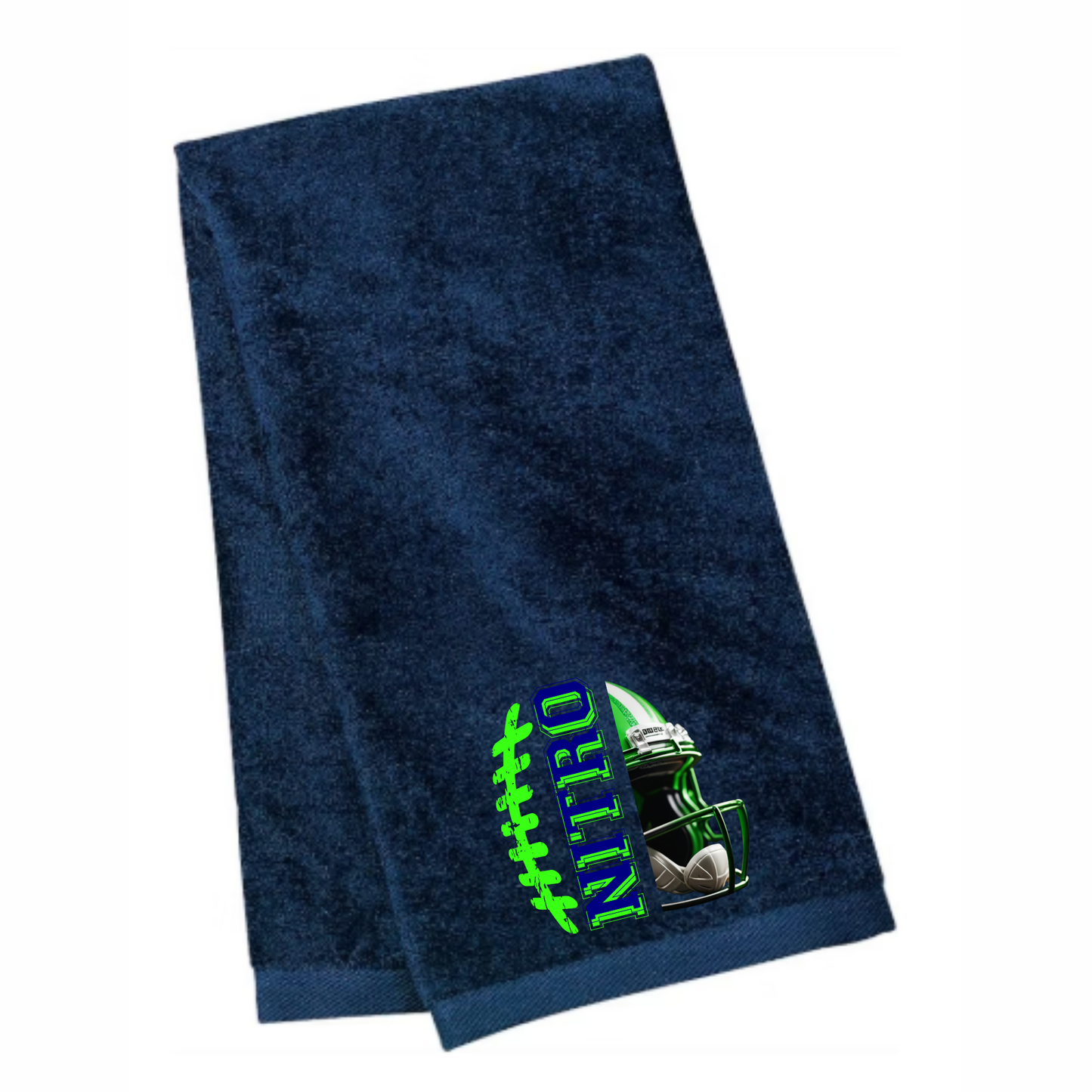 Navy Nitro Sweat Towel made of 100% cotton with full hem and football helmet design, customizable for team use.