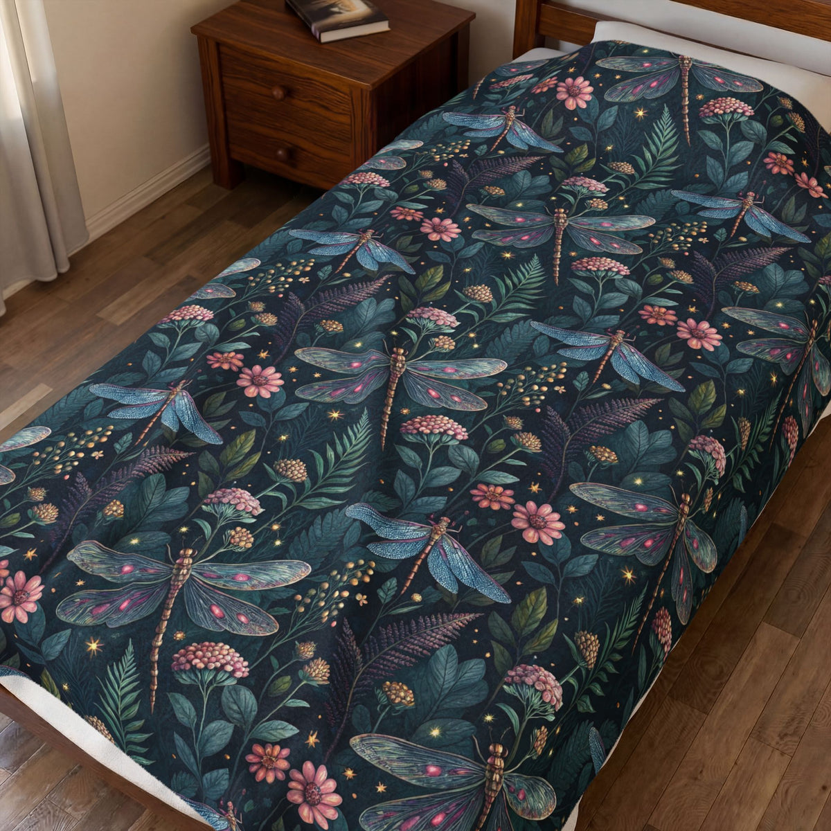 Velveteen Plush Blanket — Dark Botanical Dragonfly Throw