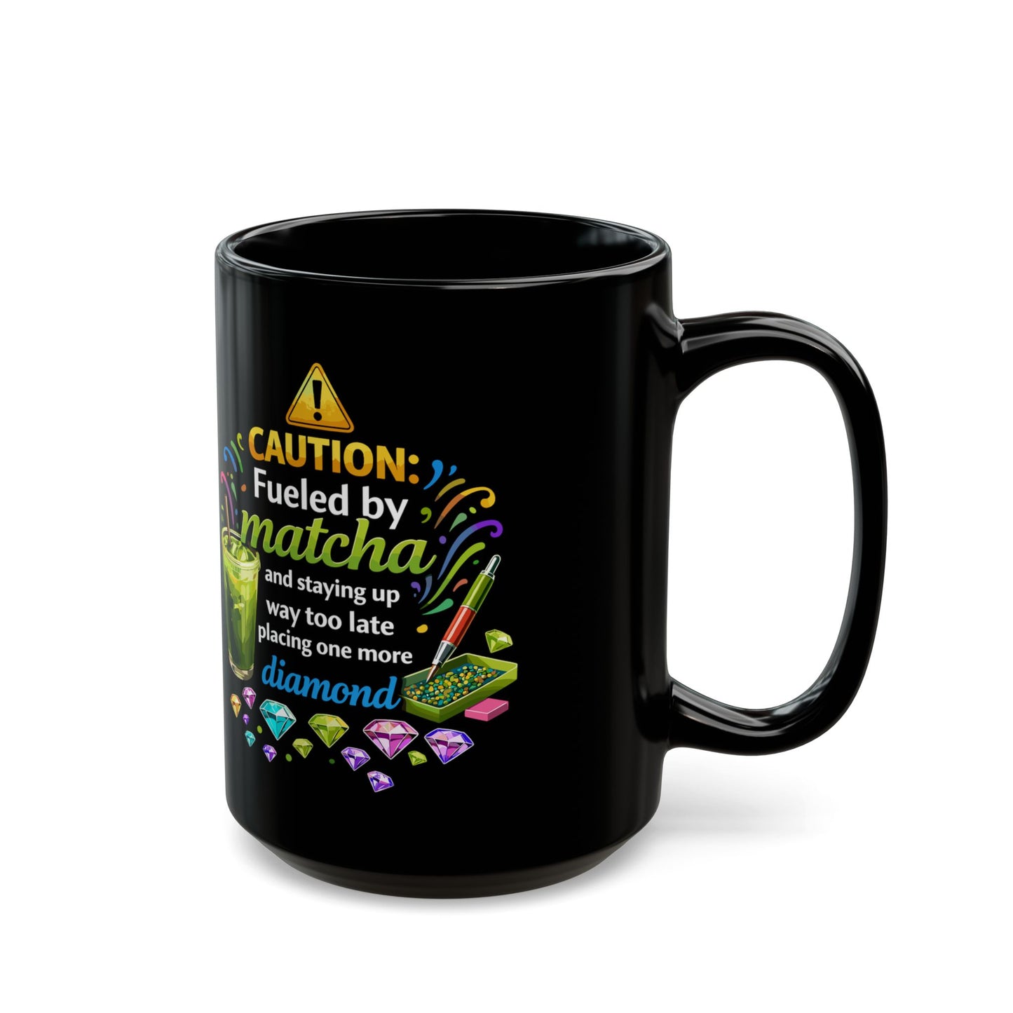 Matcha Lover Mug — “Caution: Fueled by Matcha” Black Ceramic Coffee Cup (11oz/15oz)