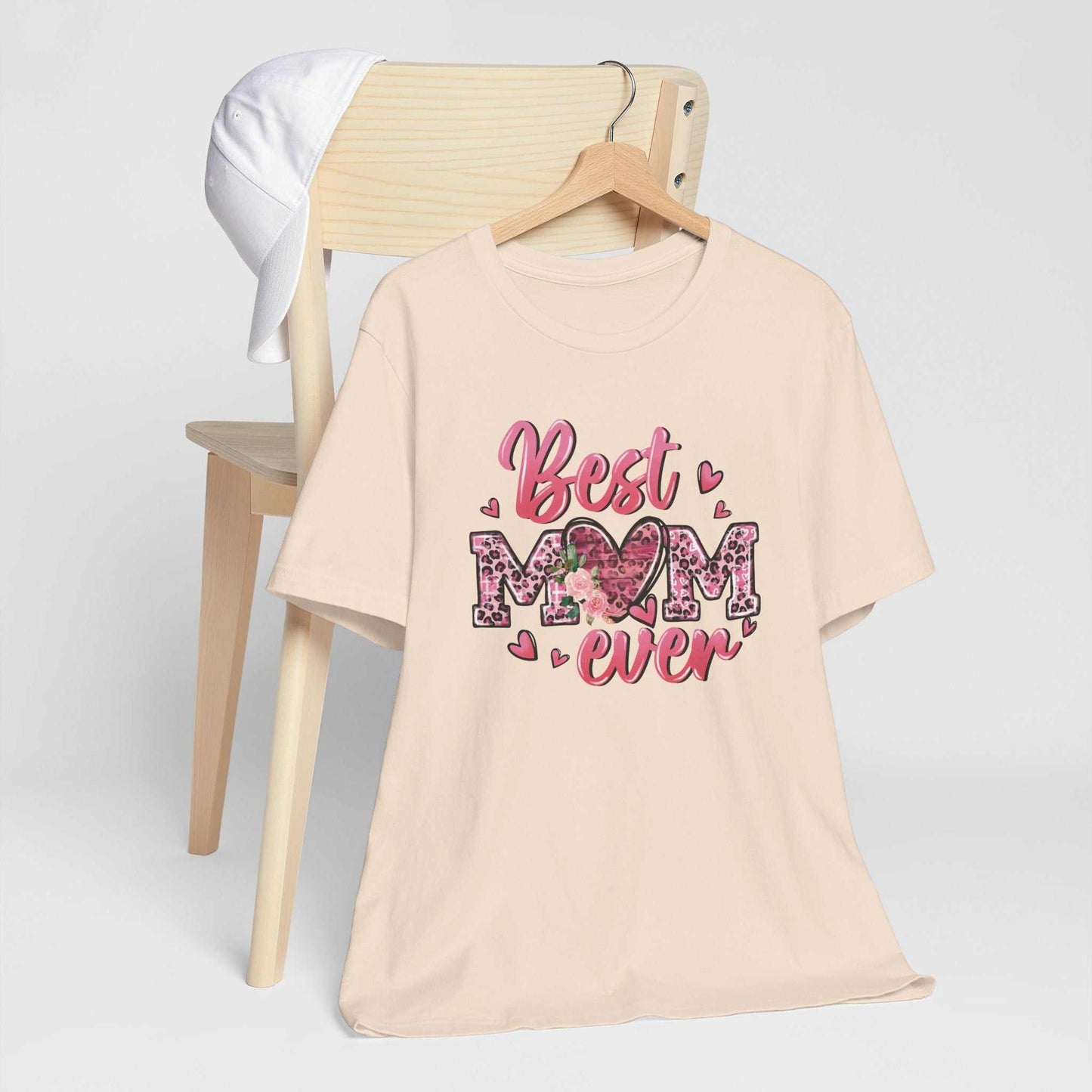 Pink Best Mom Ever T-shirt with leopard heart design for Mother's Day made of soft breathable cotton