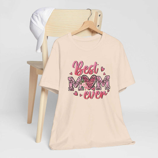 Pink Best Mom Ever T-shirt with leopard heart design for Mother's Day made of soft breathable cotton