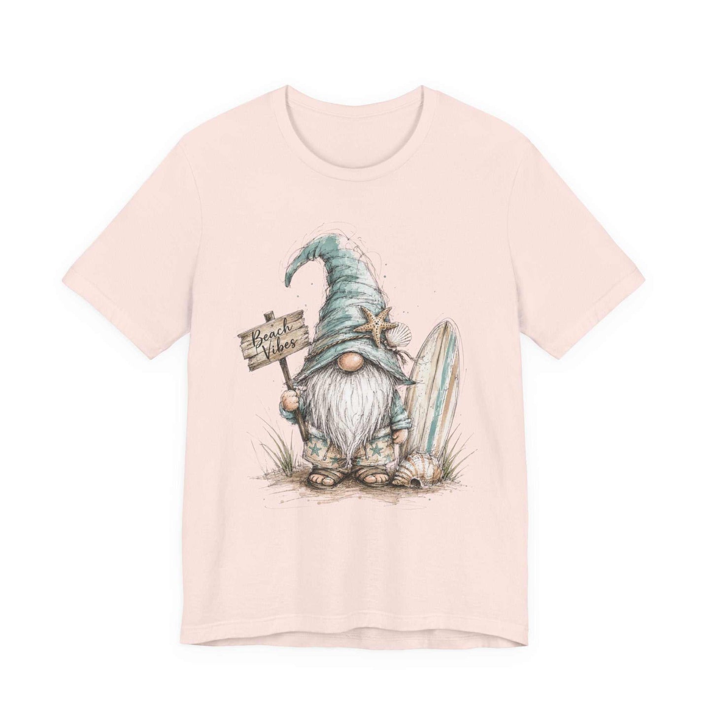 Whimsical beach gnome shirt with hand-drawn seashell design, perfect for coastal vibes and summer vacations