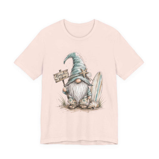 Whimsical beach gnome shirt with hand-drawn seashell design, perfect for coastal vibes and summer vacations