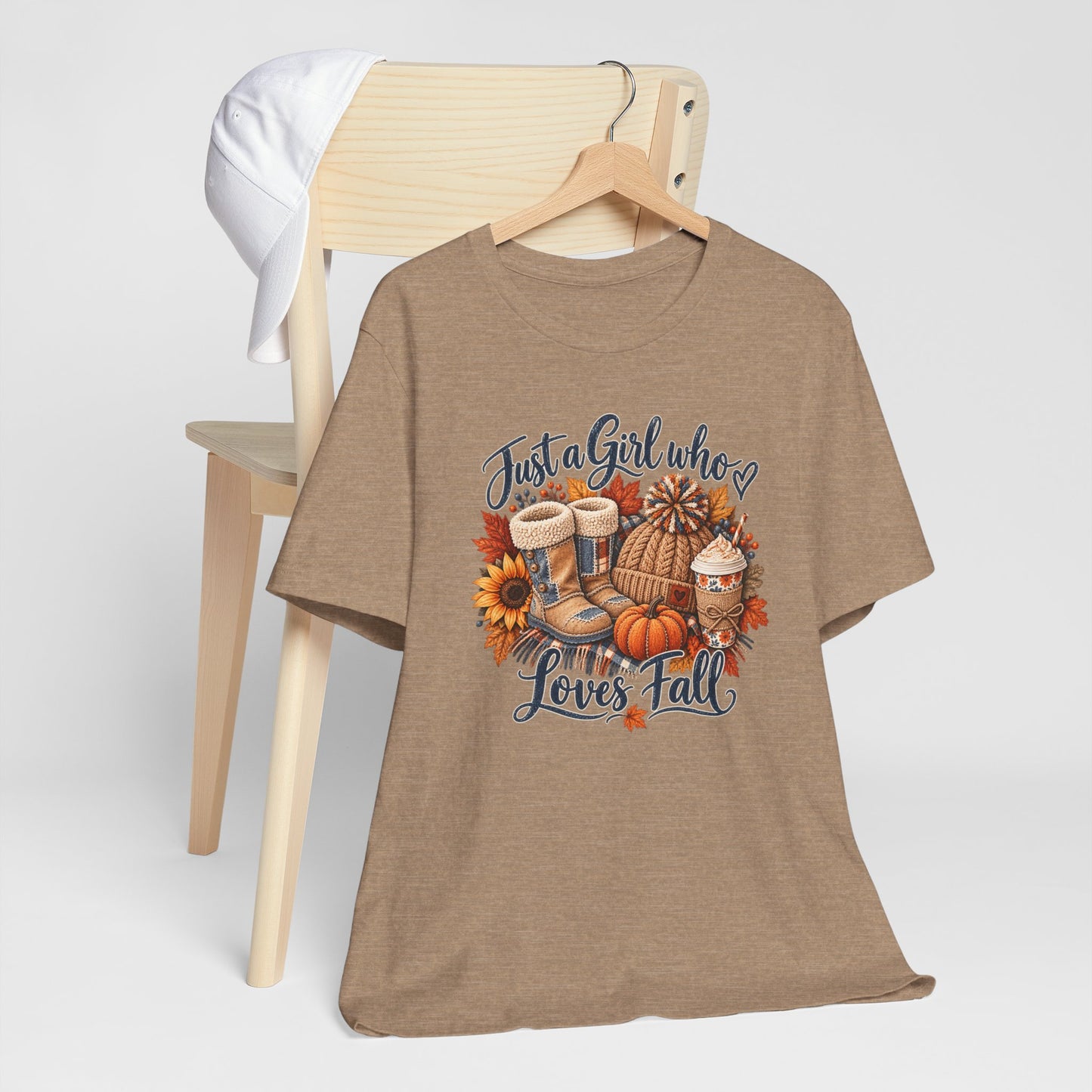 Just a Girl Who Loves Fall T-Shirt — Autumn Pumpkin & Cozy Coffee Tee