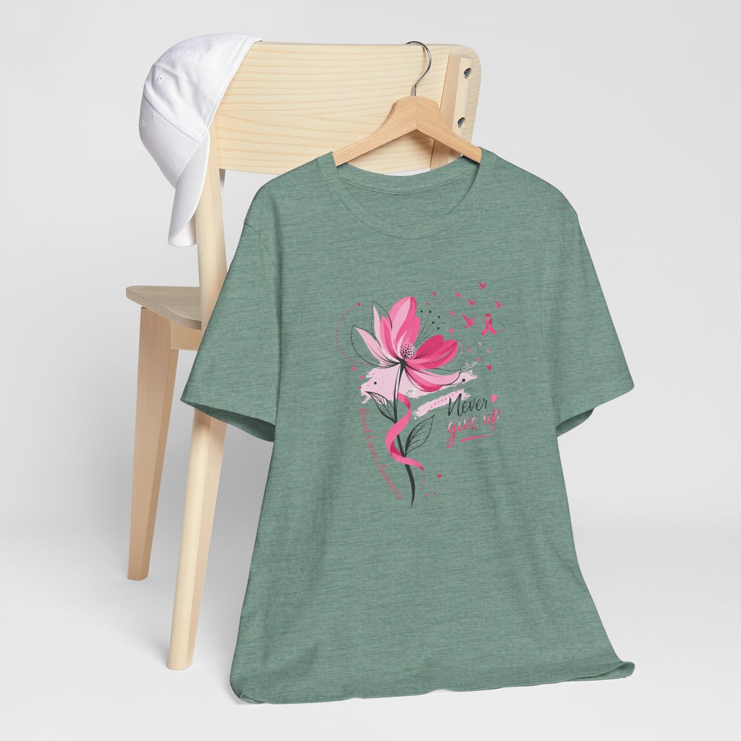 Never Give Up Floral Breast Cancer Awareness Tee