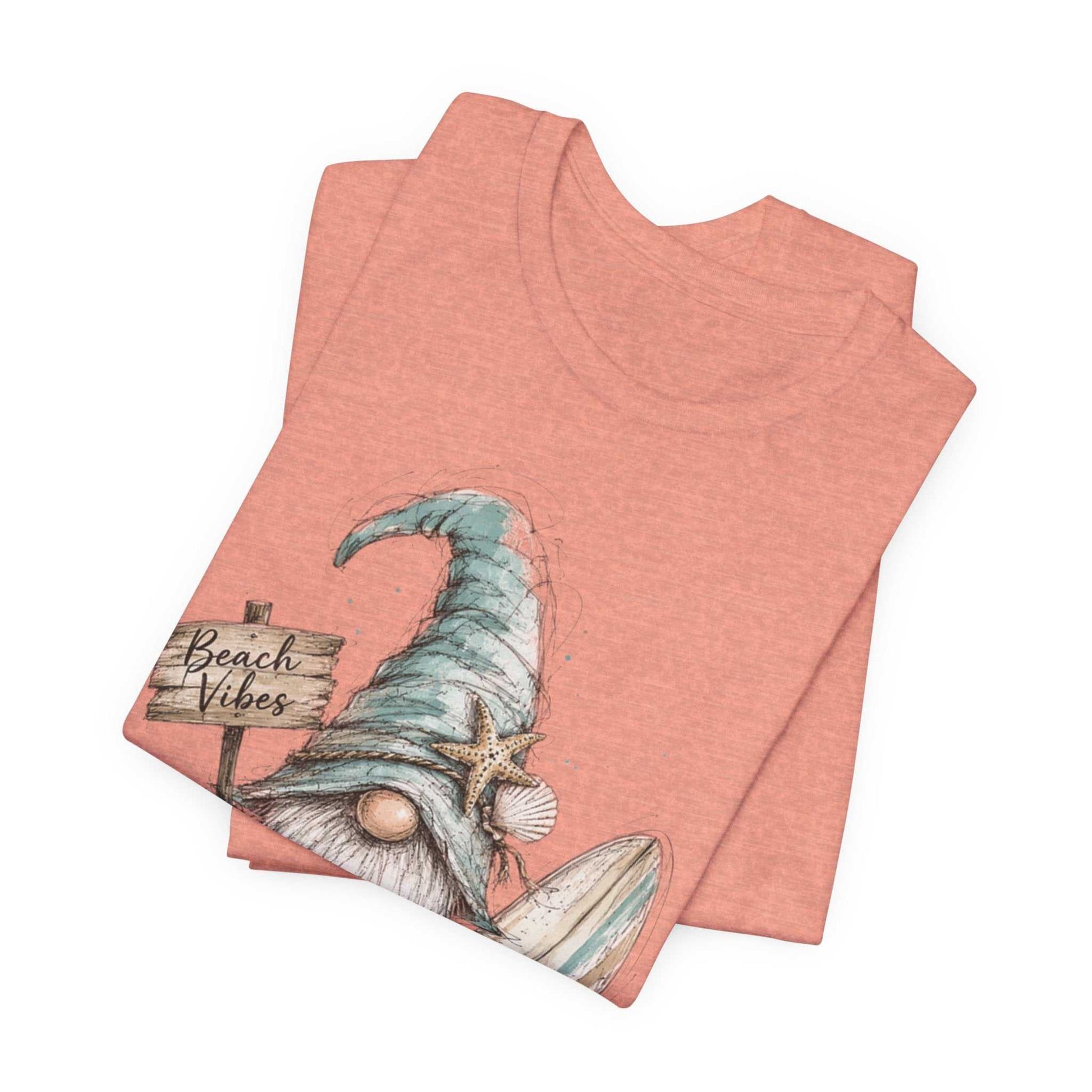 Beach Gnome Shirt with whimsical hand-drawn coastal design and seashell accents on a soft unisex tee