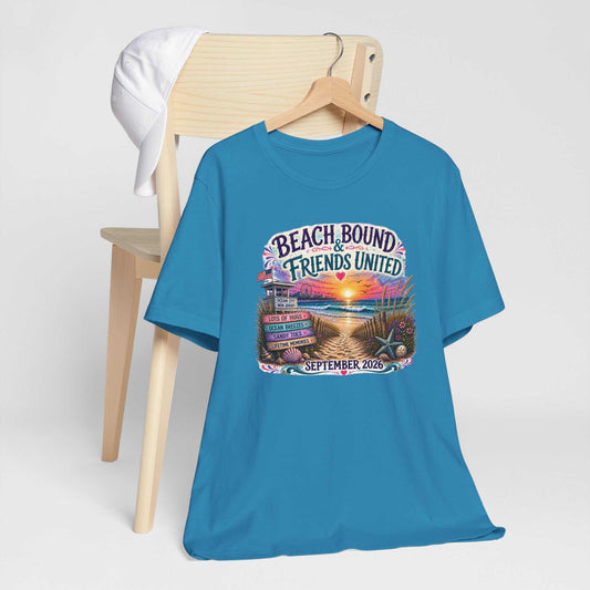 Beach Bound & Friends United Ocean City 2026 tee with seaside sunset and beach path design
