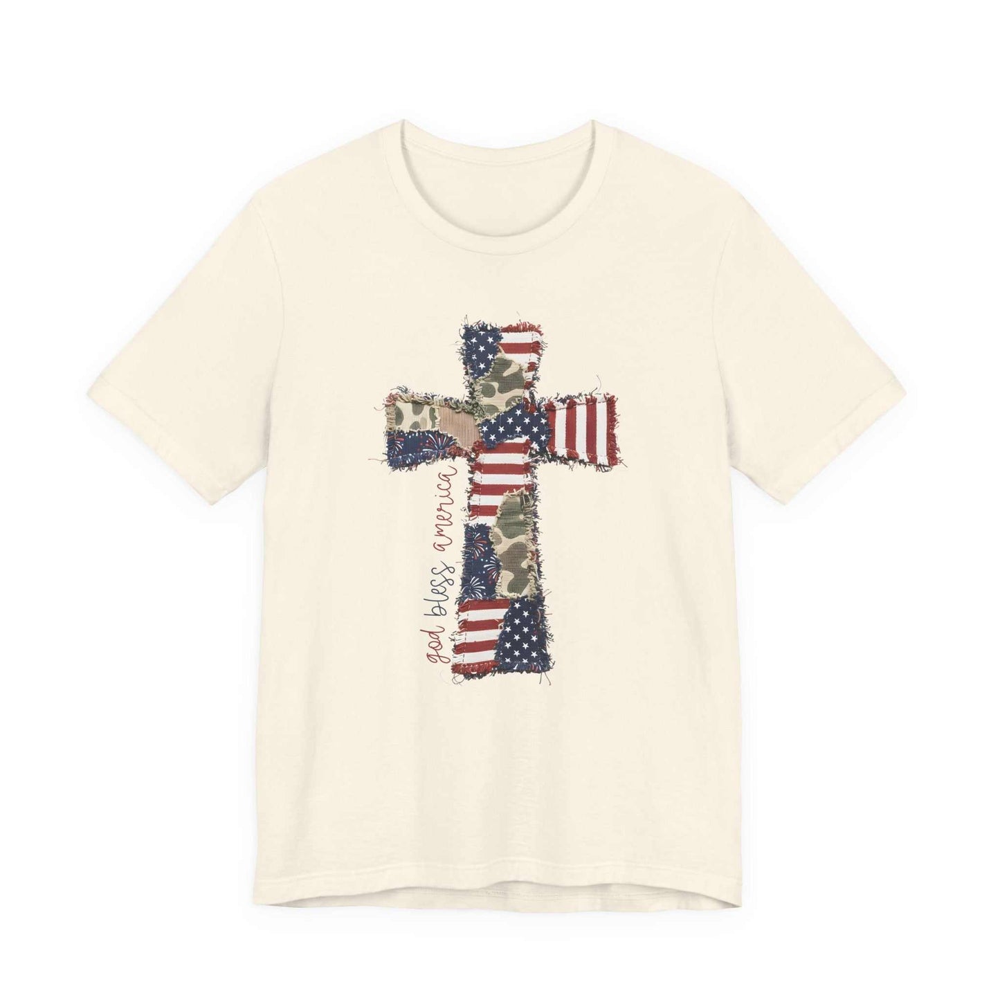 God Bless America shirt with patriotic cross and distressed American flag design