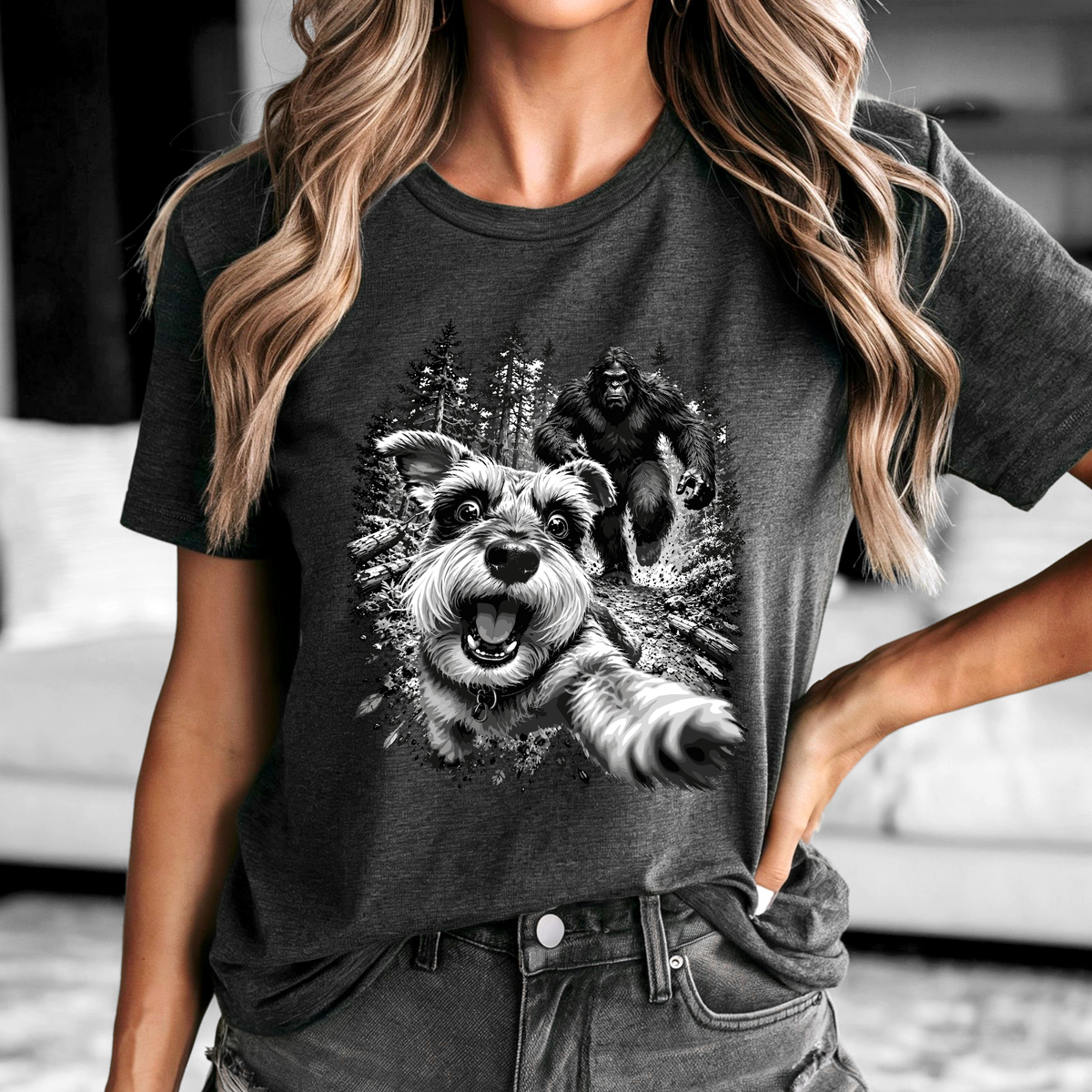 Bigfoot Made Me Run Funny Dog & Sasquatch Graphic Tee