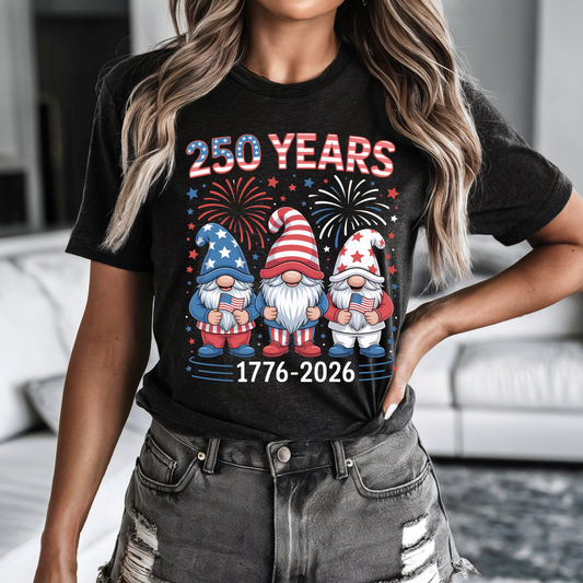 250 Years Patriotic Gnome Shirt with red white and blue gnomes and fireworks celebrating America 1776-2026