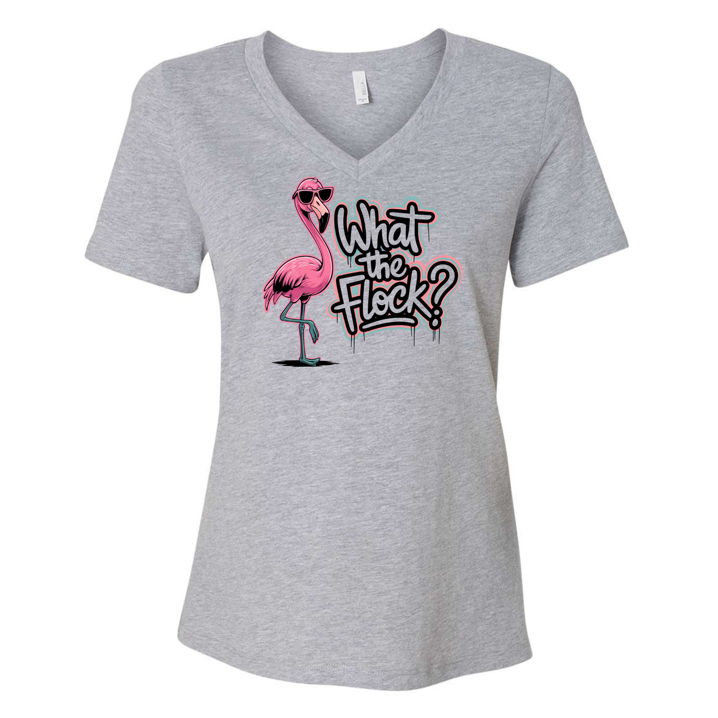 Women's "What the Flock?" flamingo V-neck tee with tropical design and relaxed fit