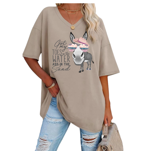 Oversized V-neck tunic tee with "Got My Toes in the Water" donkey beach design