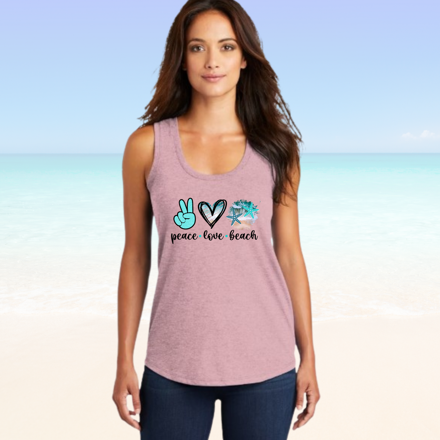 Peace Love Beach tank top for women, soft and comfortable beachwear.