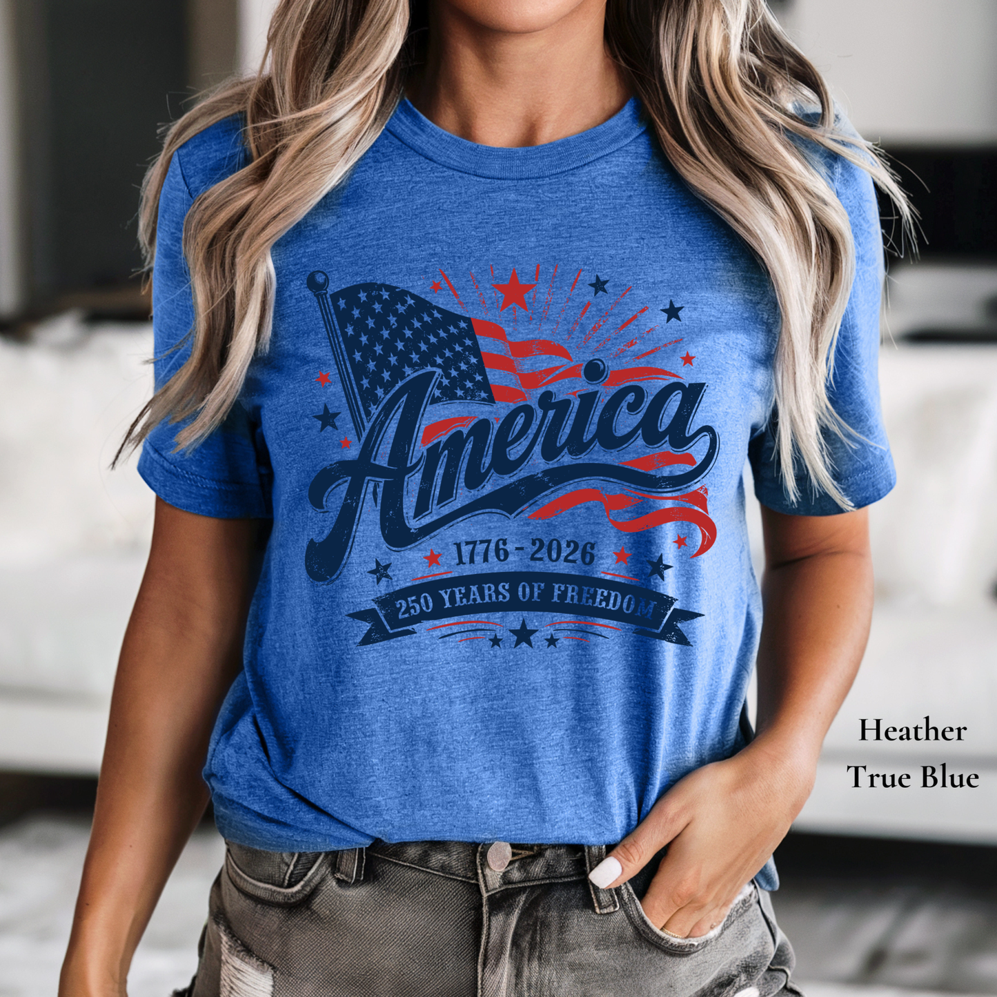 America 250 Years of Freedom patriotic tee with vintage American flag and dates 1776–2026 in red, white, and blue