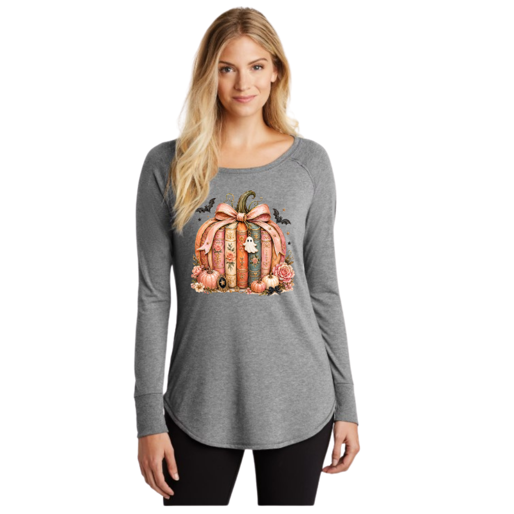 Pumpkin Book Stack Long Sleeve Tunic Tee