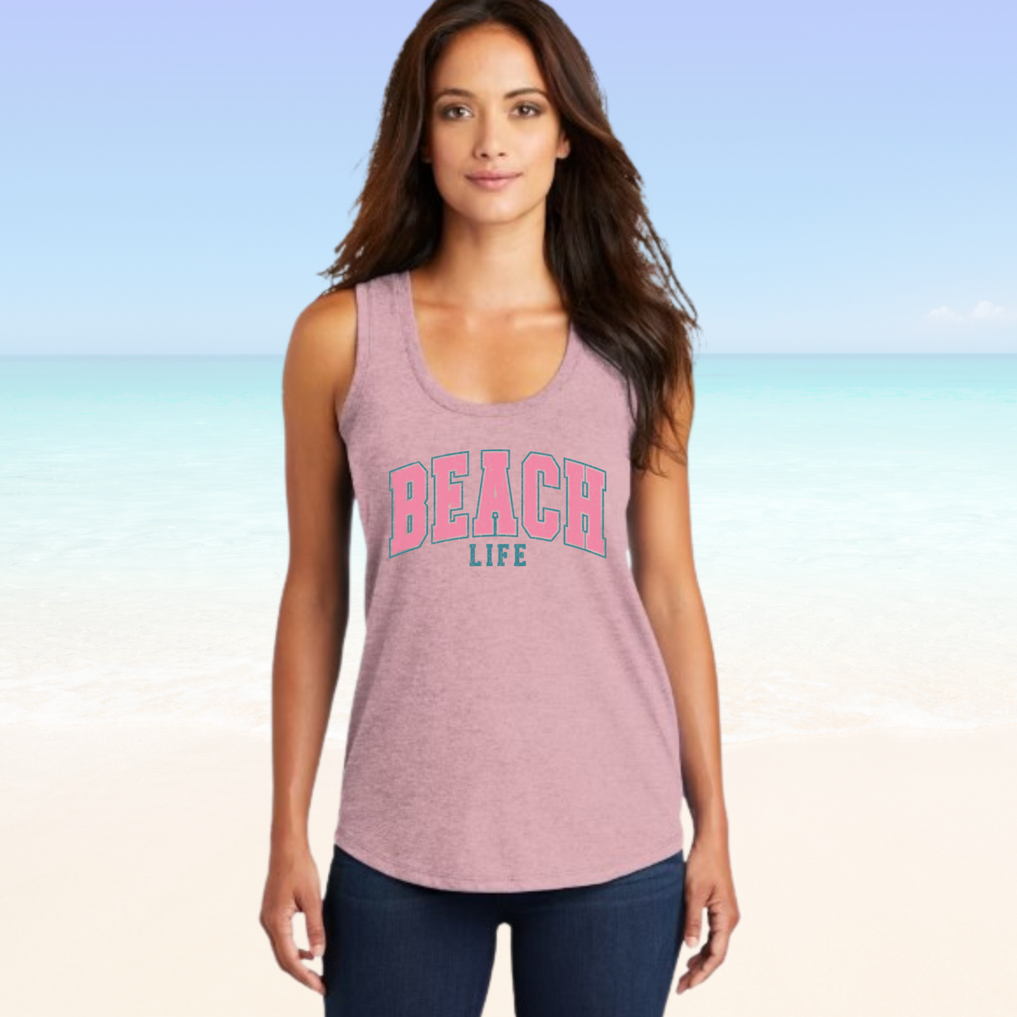 Beach Life Woman's Tank Top with racer back design on a beach background.