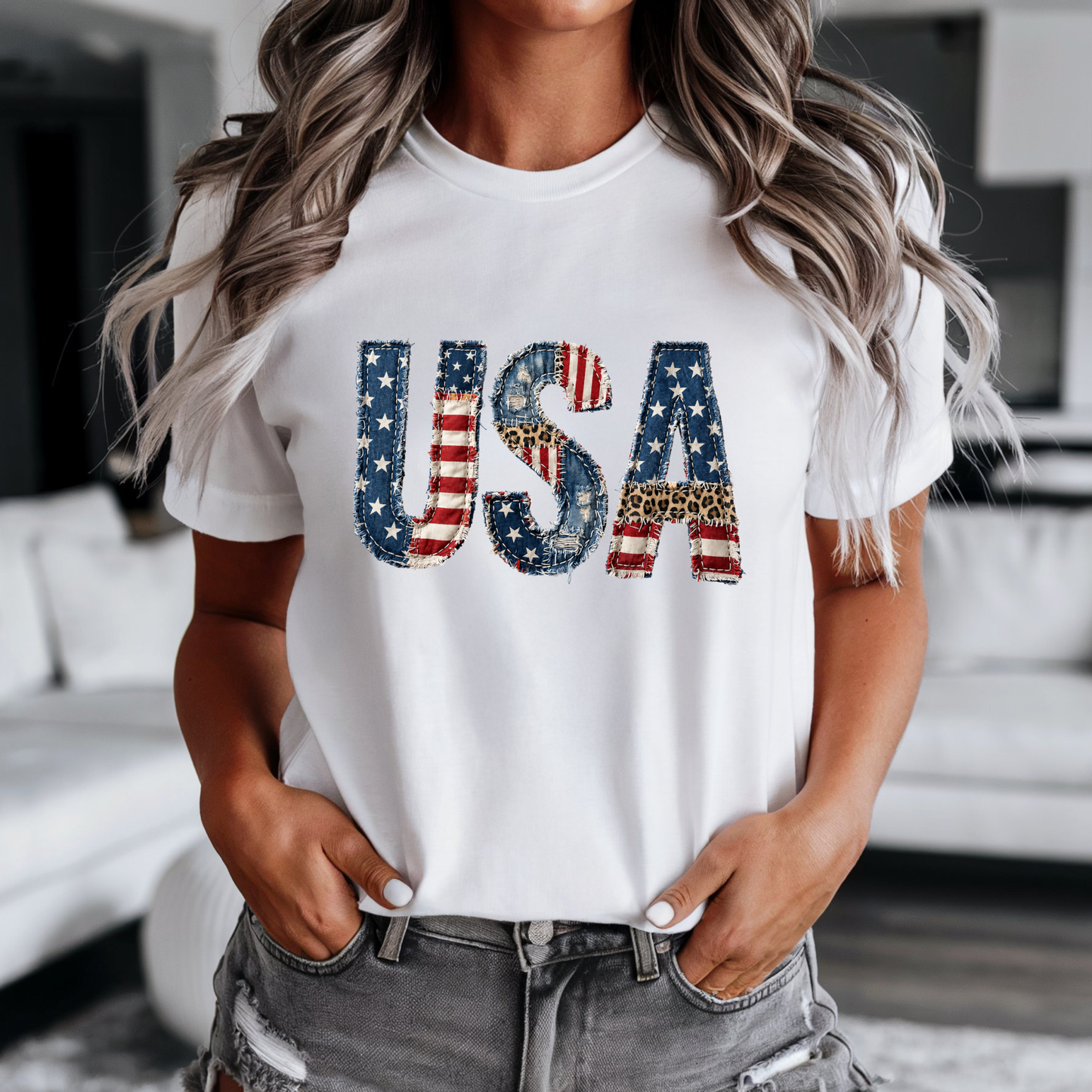 Patriotic Patchwork USA Tee with distressed denim, American flag, and leopard print accents on soft unisex fit shirt