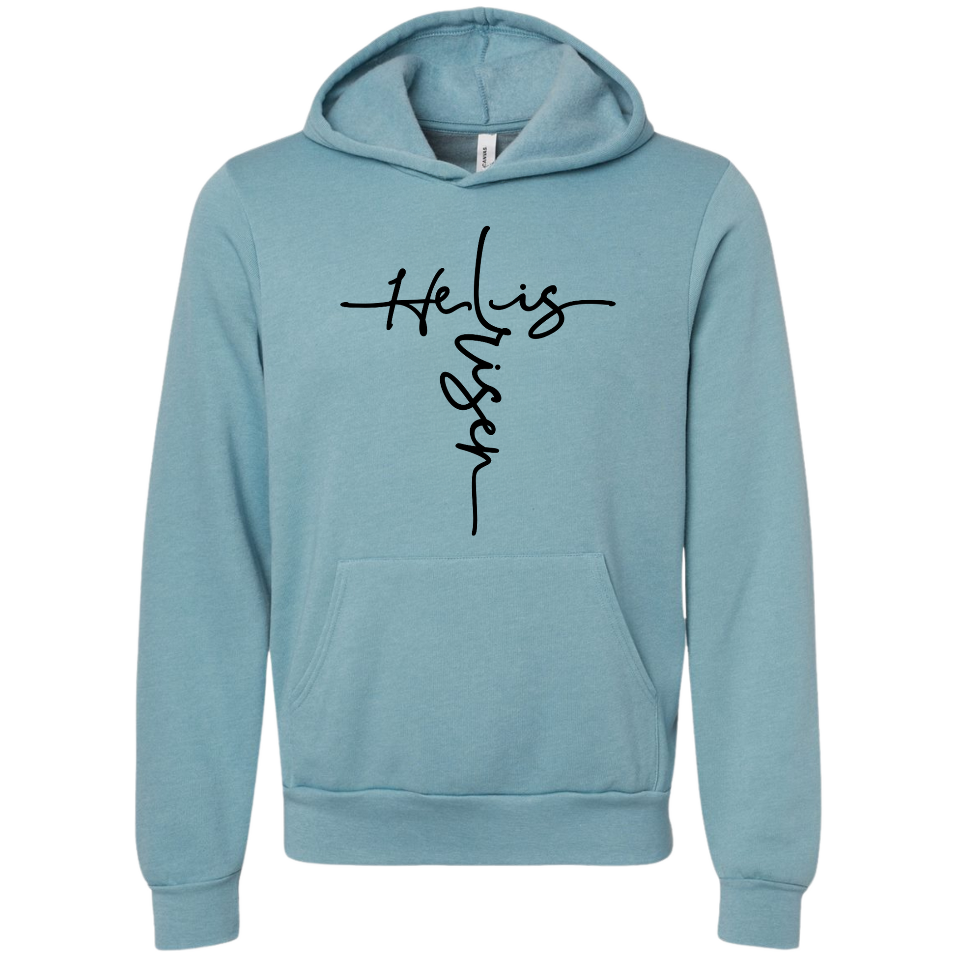 Risen Hoodie with "He Is Risen" graphic in blue, Easter celebration outfit.