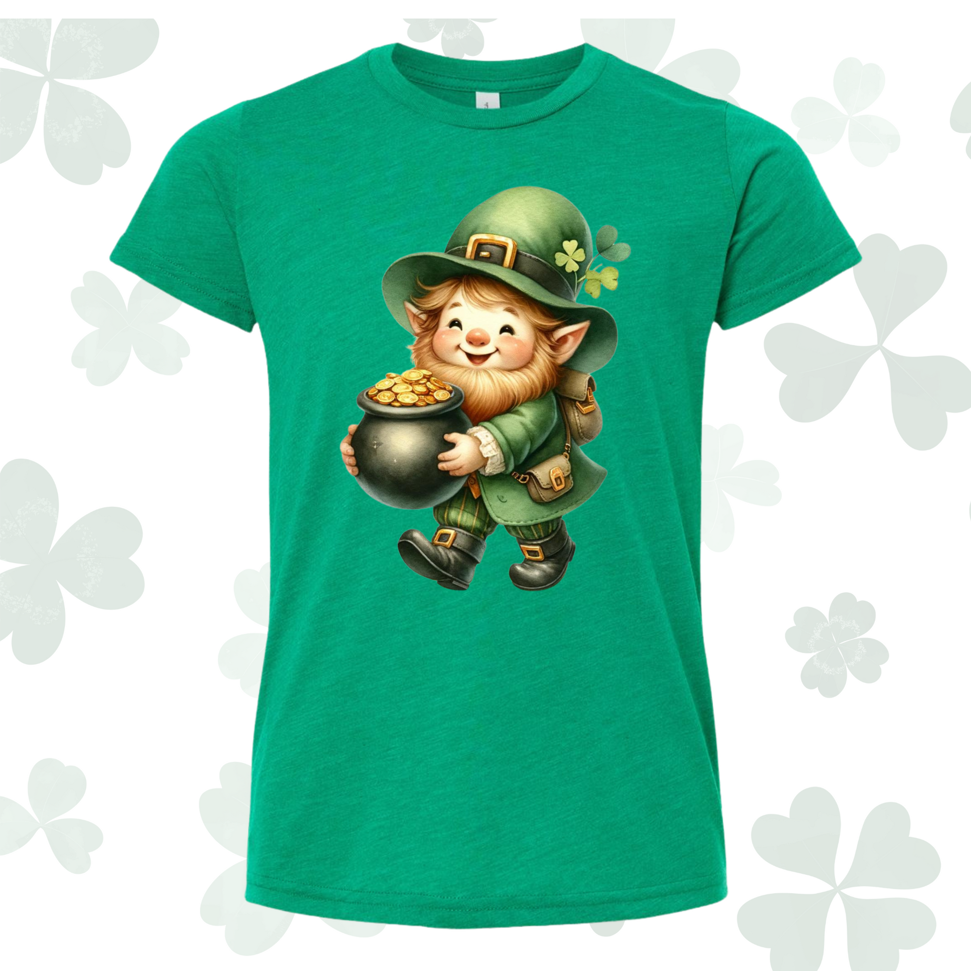 St Patrick Day youth shirt with leprechaun and pot of gold design.