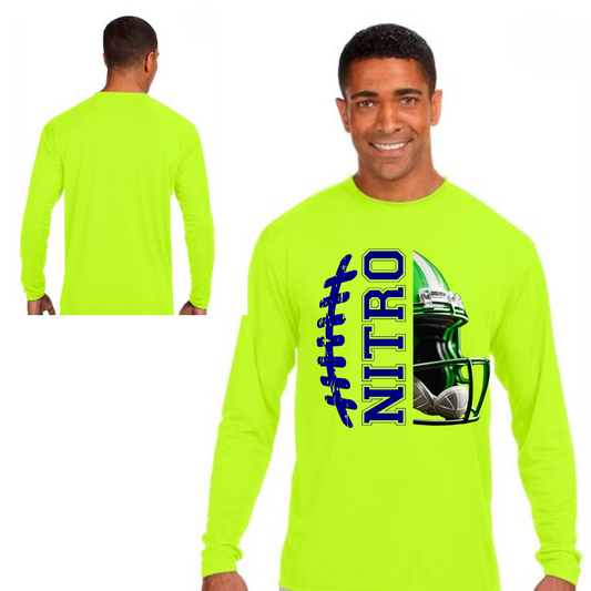 Men's bright yellow long sleeve Nitro football performance shirt with moisture-wicking fabric and graphic helmet design.