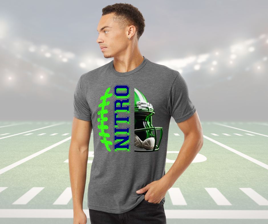 Adult unisex crew neck Nitro Helmet Shirt with football and helmet graphic on gray background