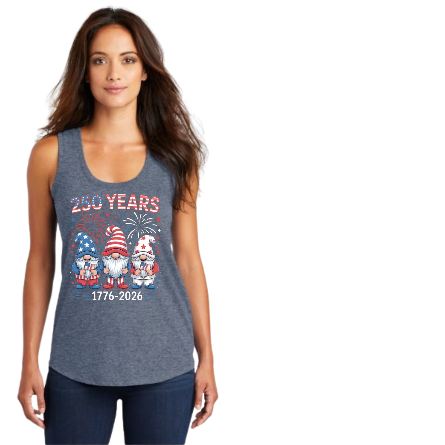 Women's racerback tank top with 250 Years Patriotic Gnome design featuring patriotic gnomes and fireworks in red, white, and blue colors.