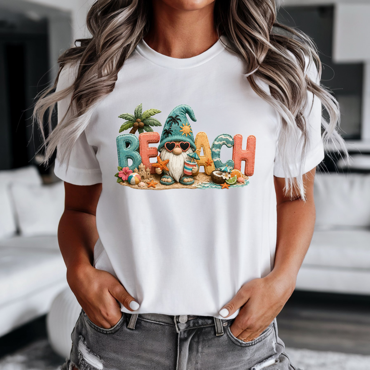 Beach Gnome Patchwork Tee featuring 3D applique coastal summer design with bright colors and playful gnome on soft cotton blend shirt