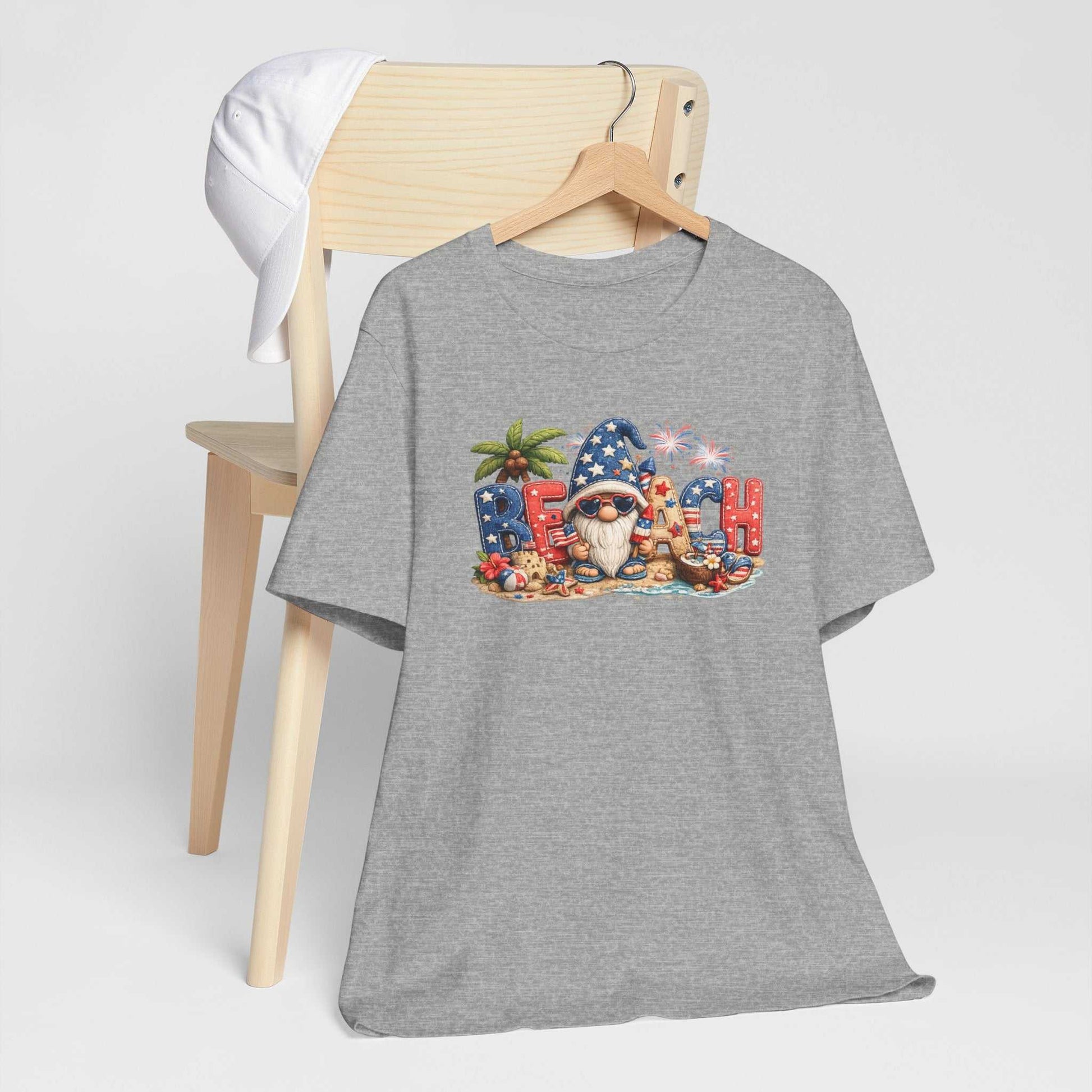 Patriotic Beach Gnome patchwork tee with red, white, and blue coastal design and fireworks accents