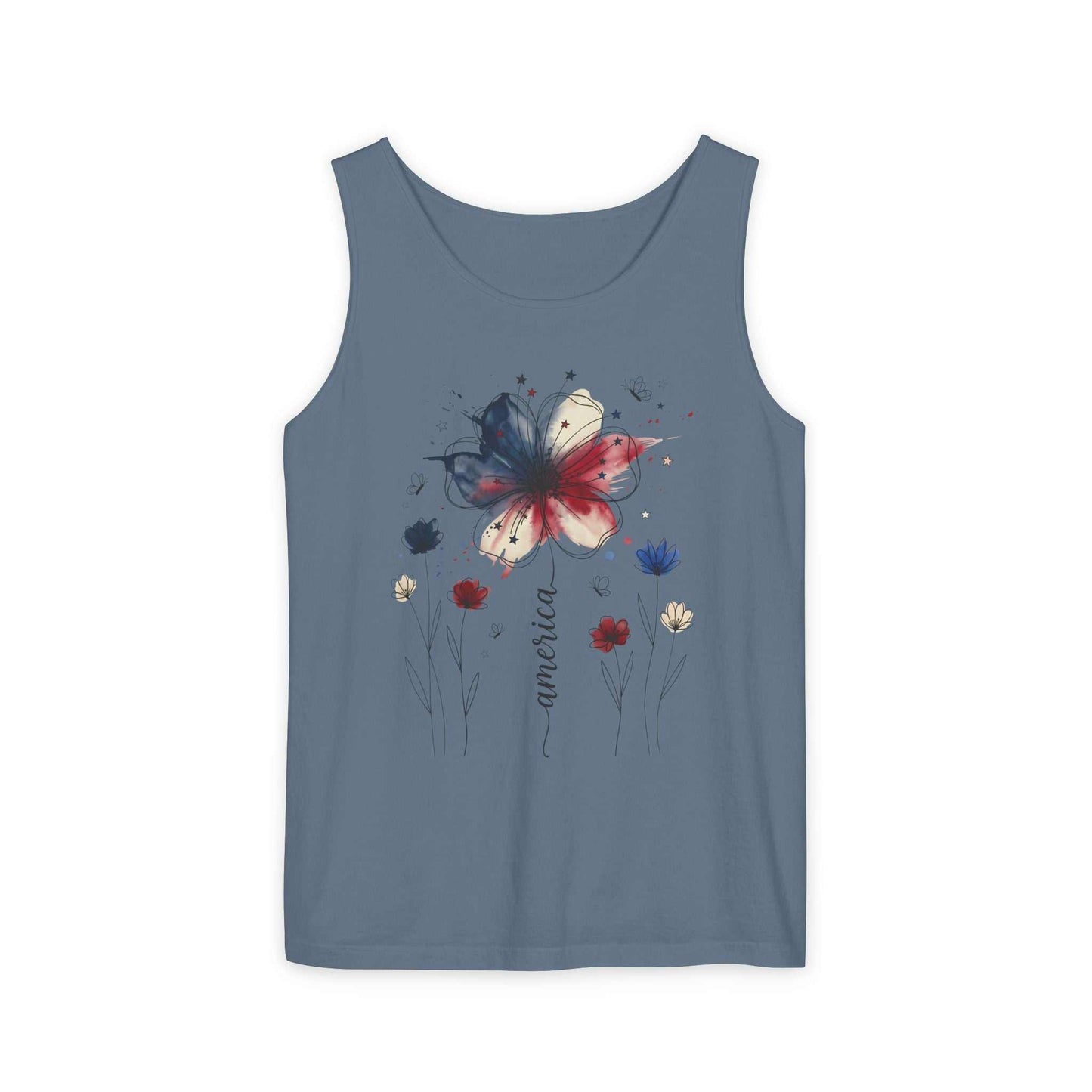 Patriotic watercolor flower tank top with indigo and rust floral design on soft cotton fabric