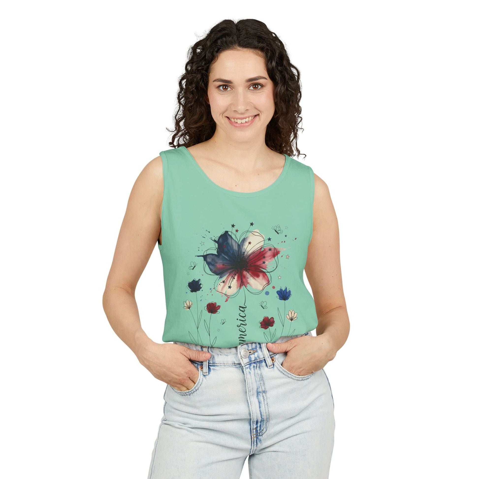 Patriotic watercolor flower tank top with indigo and rust floral graphic on soft cotton