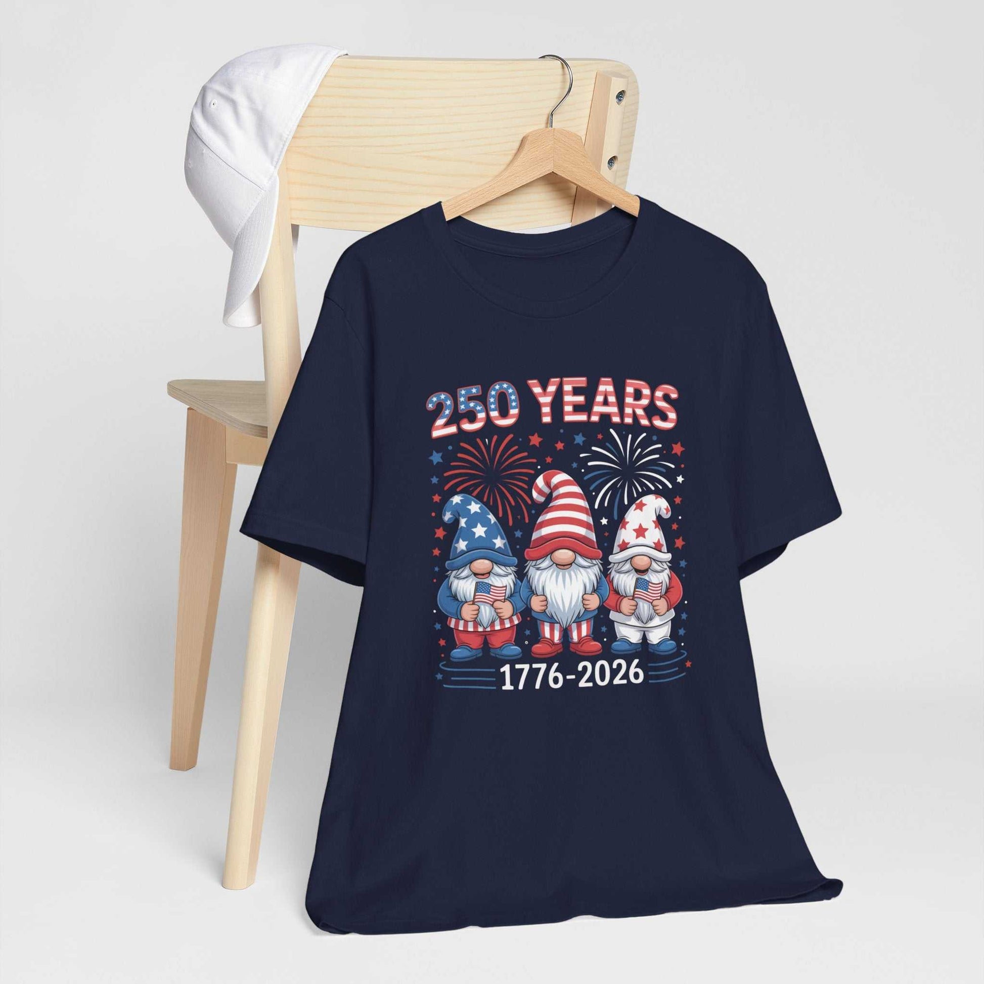 250 Years Patriotic Gnome Shirt with red white blue gnomes and fireworks celebrating America's 1776-2026 anniversary on soft unisex tee