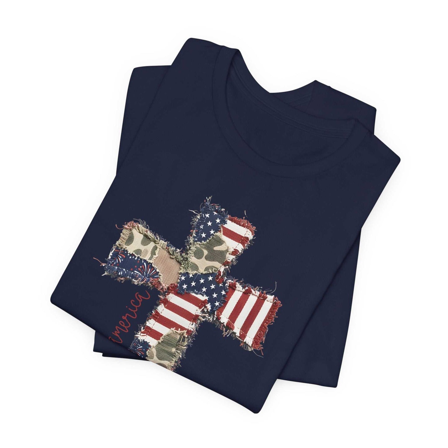 God Bless America shirt with patriotic cross and distressed American flag design