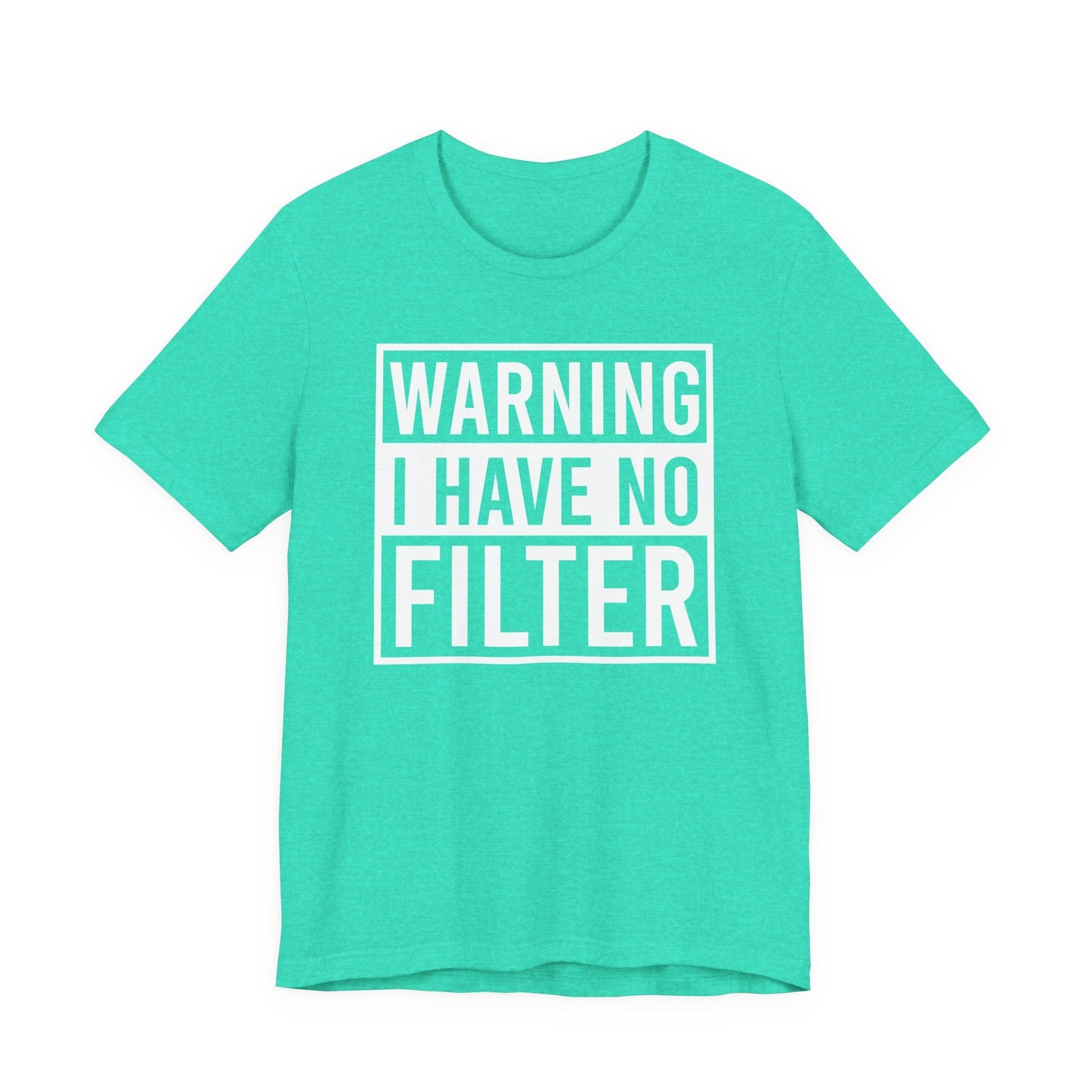 Woman wearing a black Bella Canvas 3001 unisex tee with "Warning I Have No Filter" text printed on front