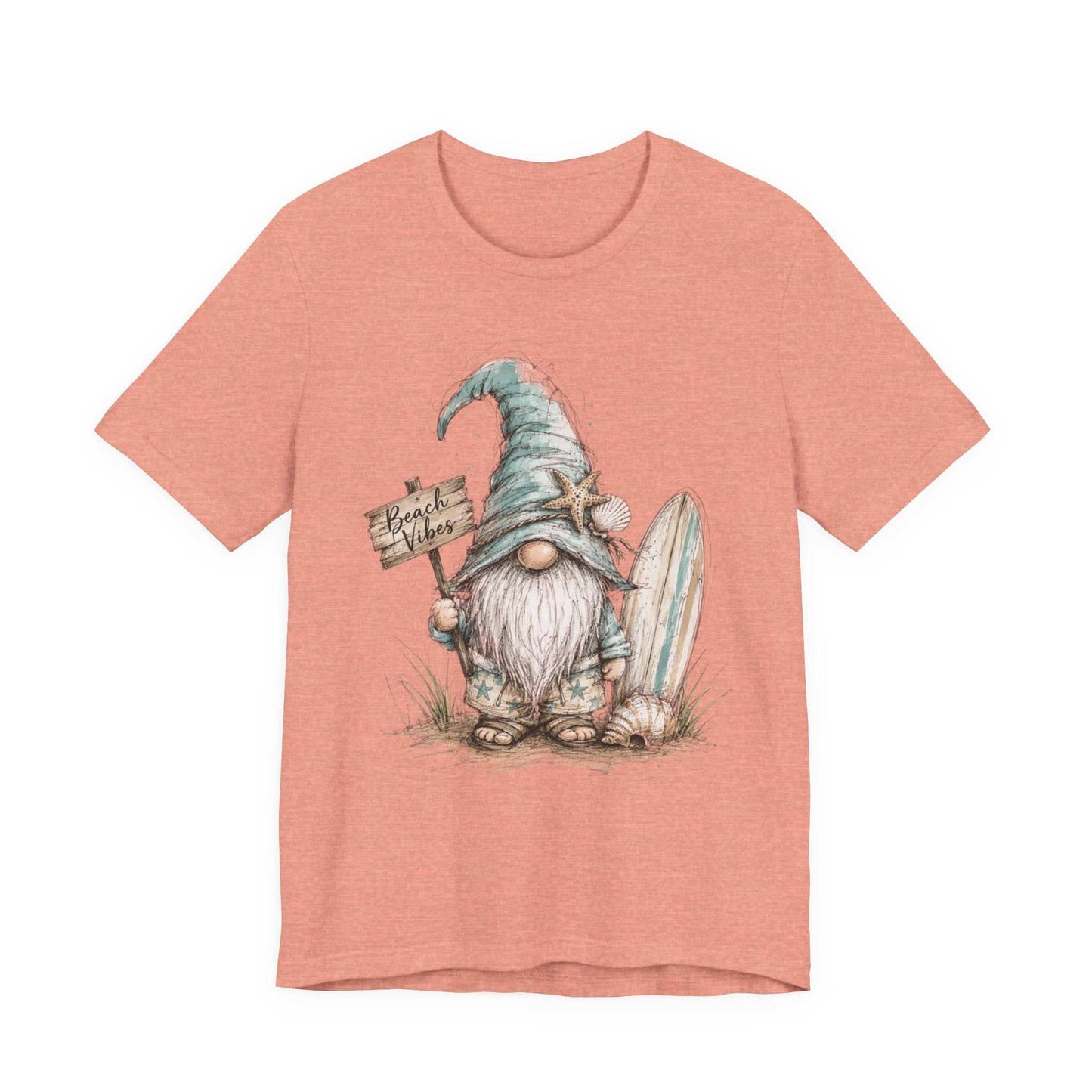 Beach Gnome Shirt with hand-drawn coastal gnome and seashells on soft unisex tee