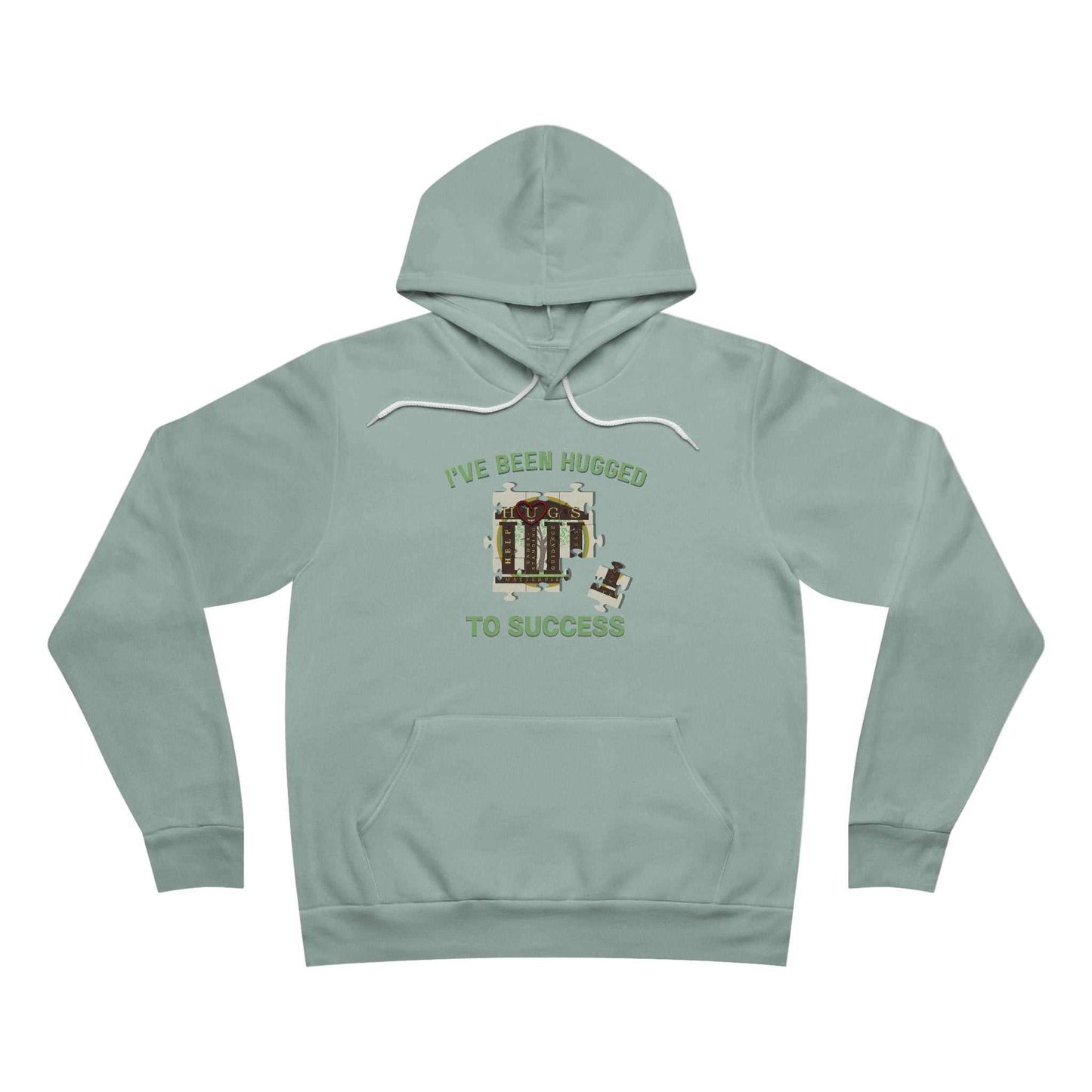 I've Been Hugged to Success Hoodie with puzzle-piece design, soft fleece interior, symbolizing growth and connection for HUGS graduates and affiliates