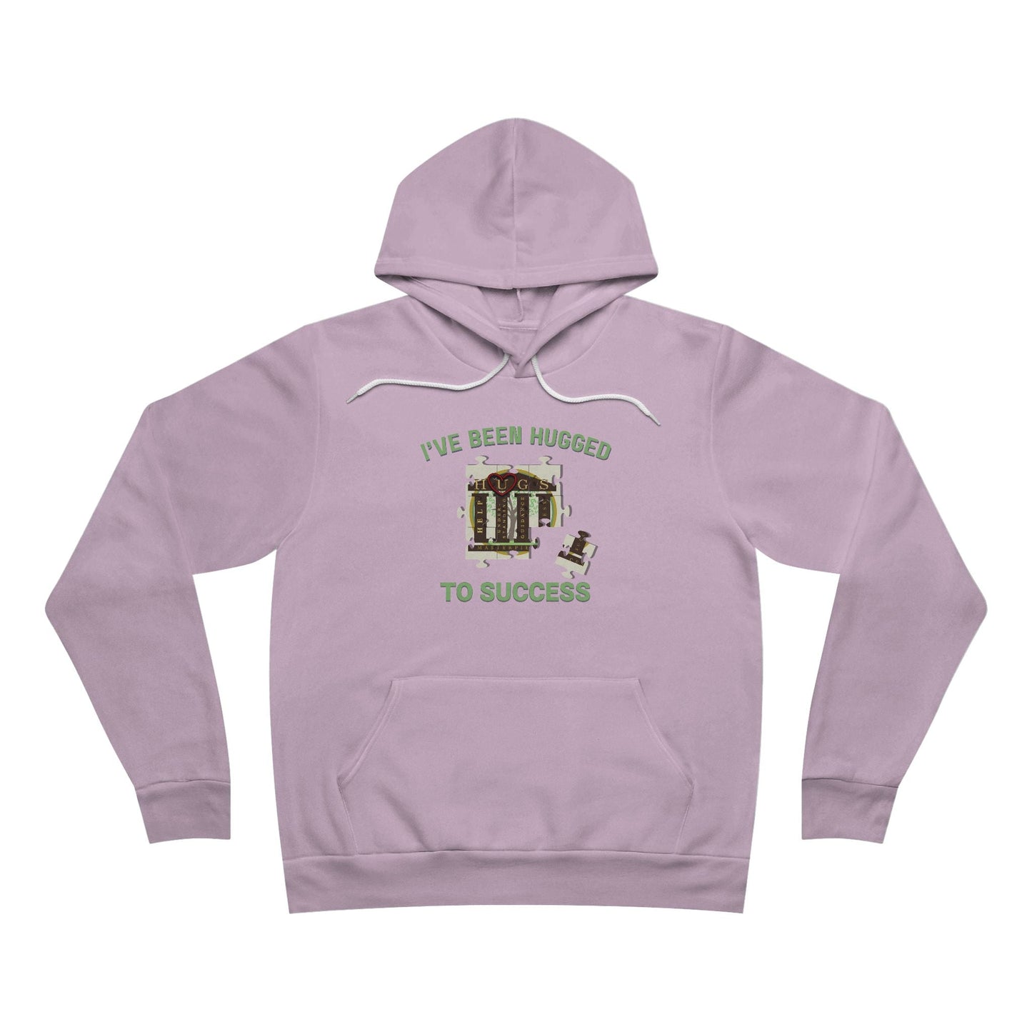 I've Been Hugged to Success Hoodie with puzzle-piece design symbolizing growth and connection, cozy fleece interior, unisex fit