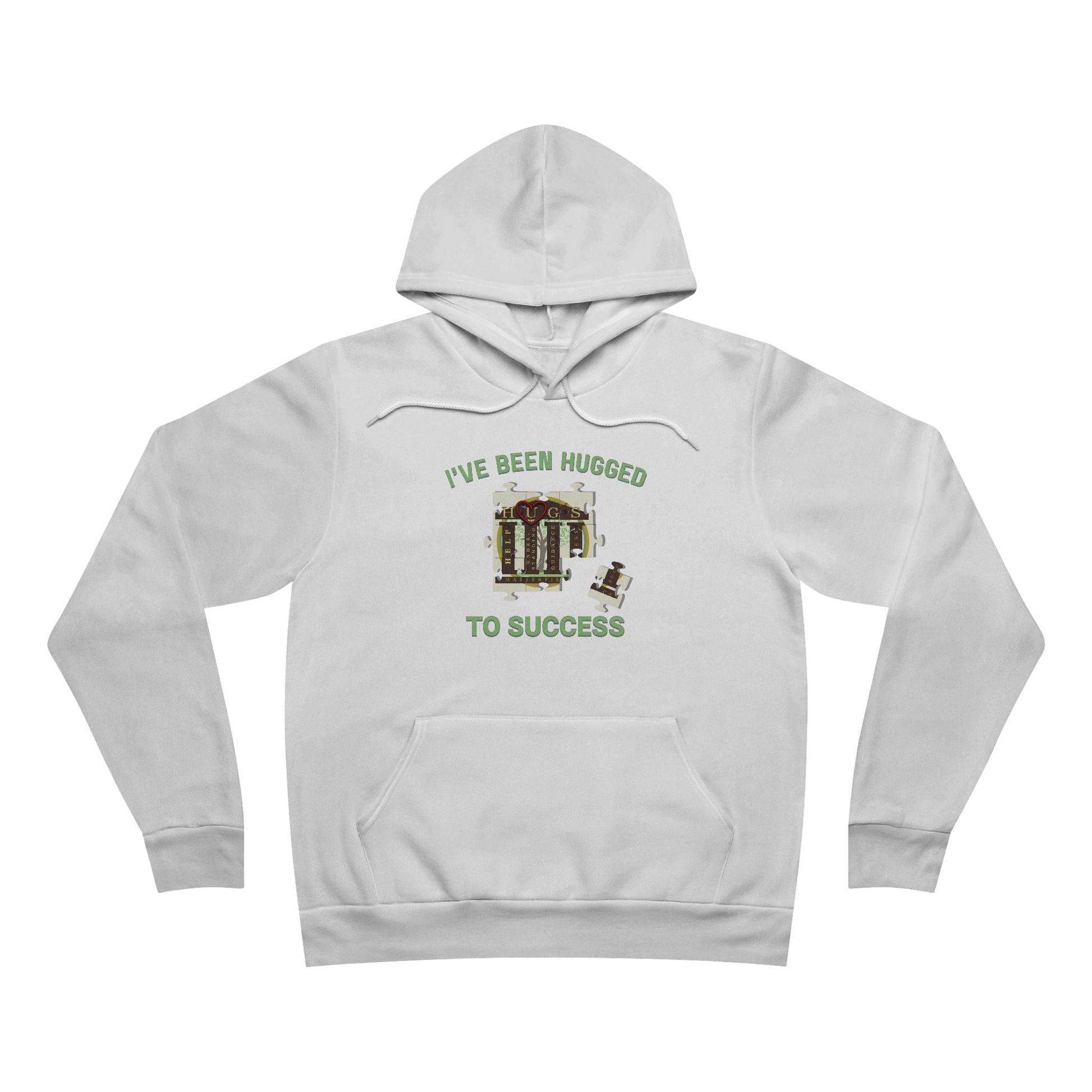 I've Been Hugged to Success Hoodie with puzzle-piece design, soft cozy fleece, unisex fit, and inspiring growth message for HUGS graduates and affiliates