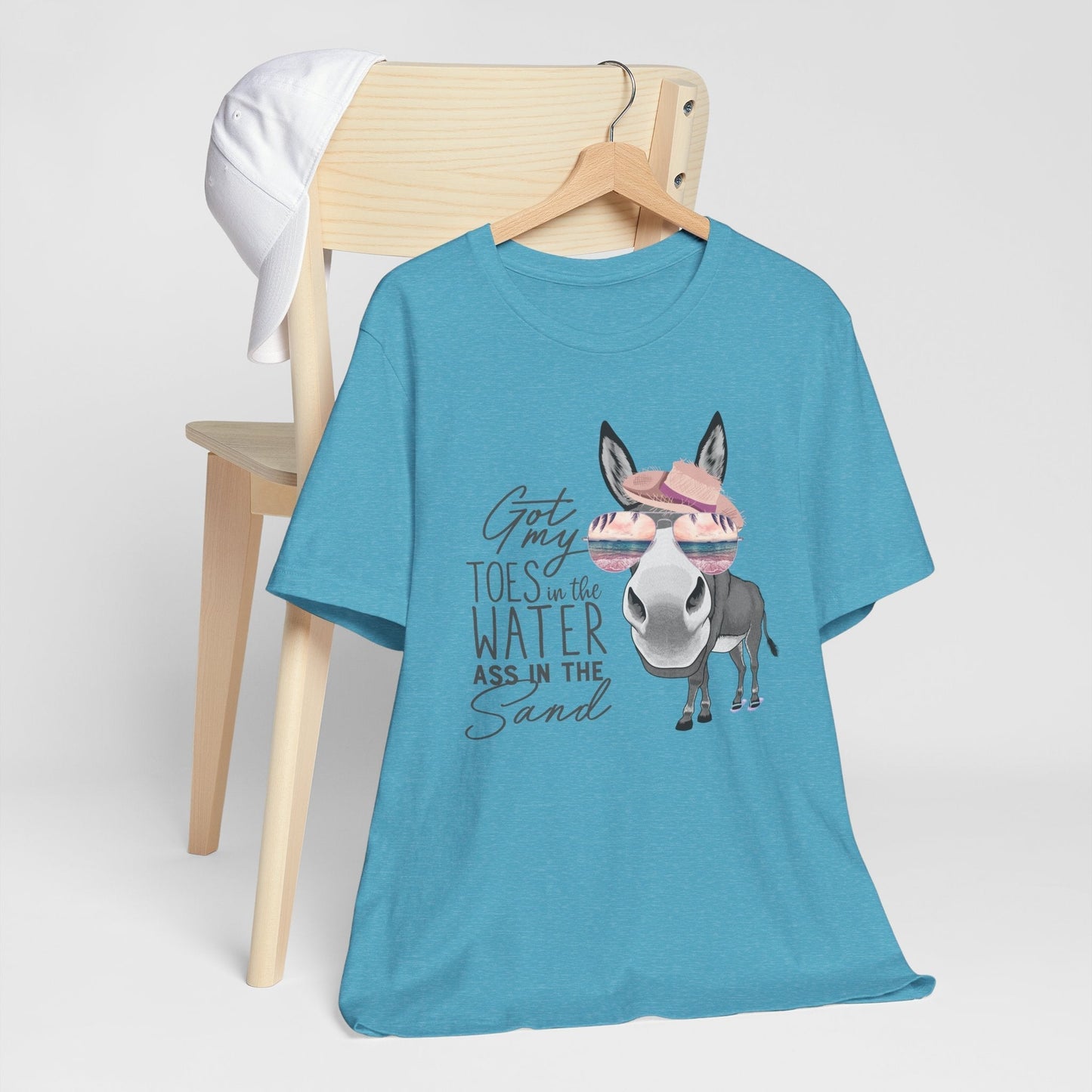Got My Toes in the Water tee featuring a donkey with beach shades and sun hat on soft Bella Canvas shirt