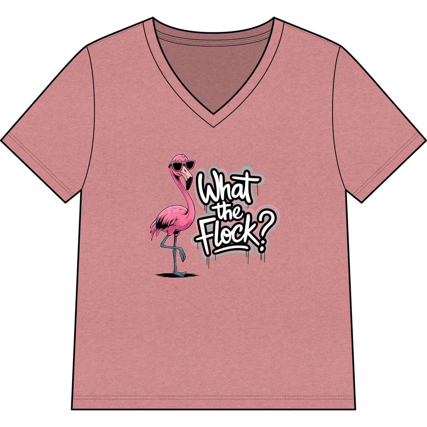 Woman wearing a "What the Flock?" flamingo V-neck tee with tropical beach vibes and playful humor design