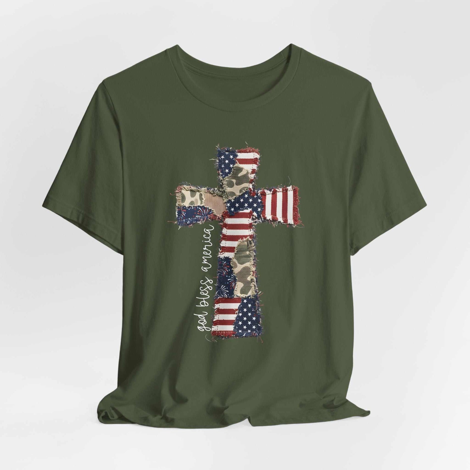 God Bless America shirt with patriotic cross and distressed American flag design