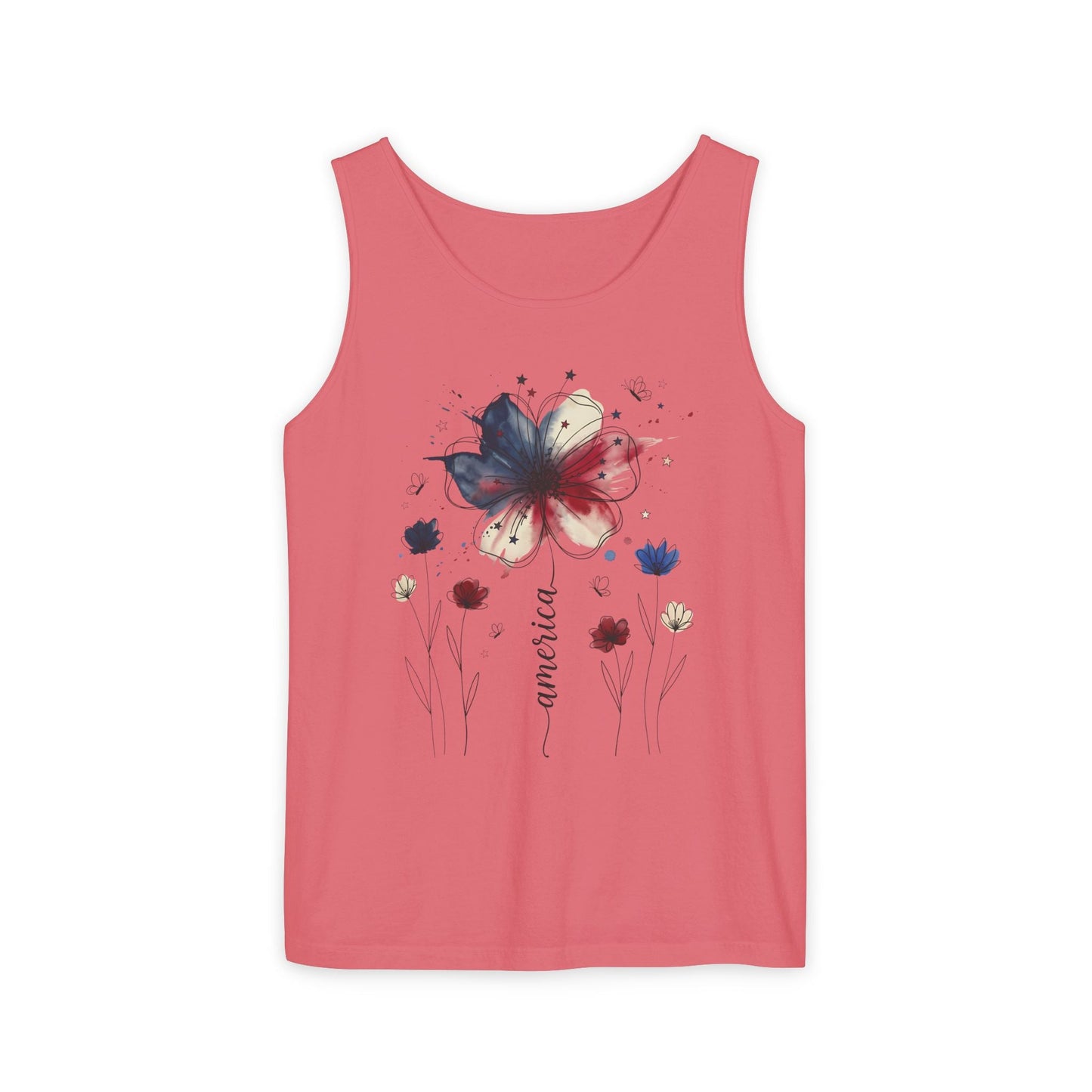 Patriotic watercolor flower tank top with indigo and rust floral graphic on soft cotton