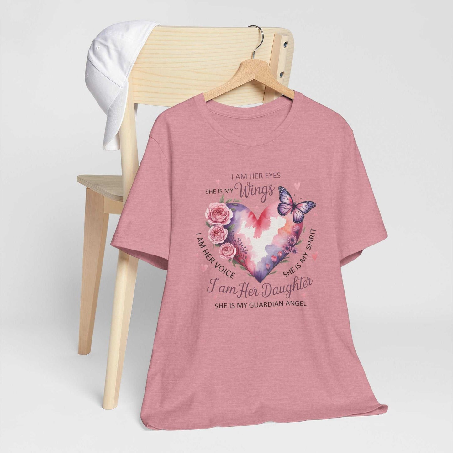 Memorial I Am Her Daughter shirt with guardian angel butterfly and florals on soft Bella Canvas tee