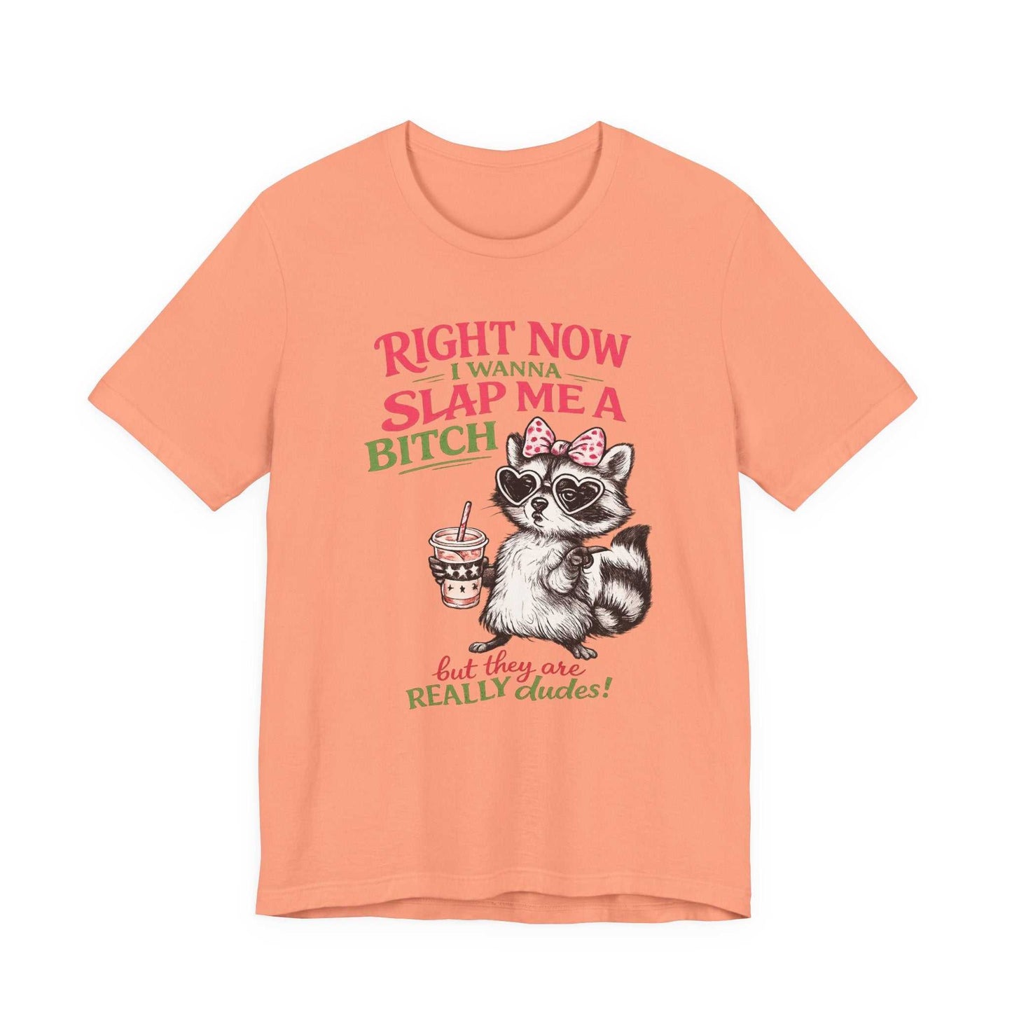 Graphic tee with sassy raccoon and "Right Now I Wanna Slap Me a BITCH" distressed pink and sage lettering