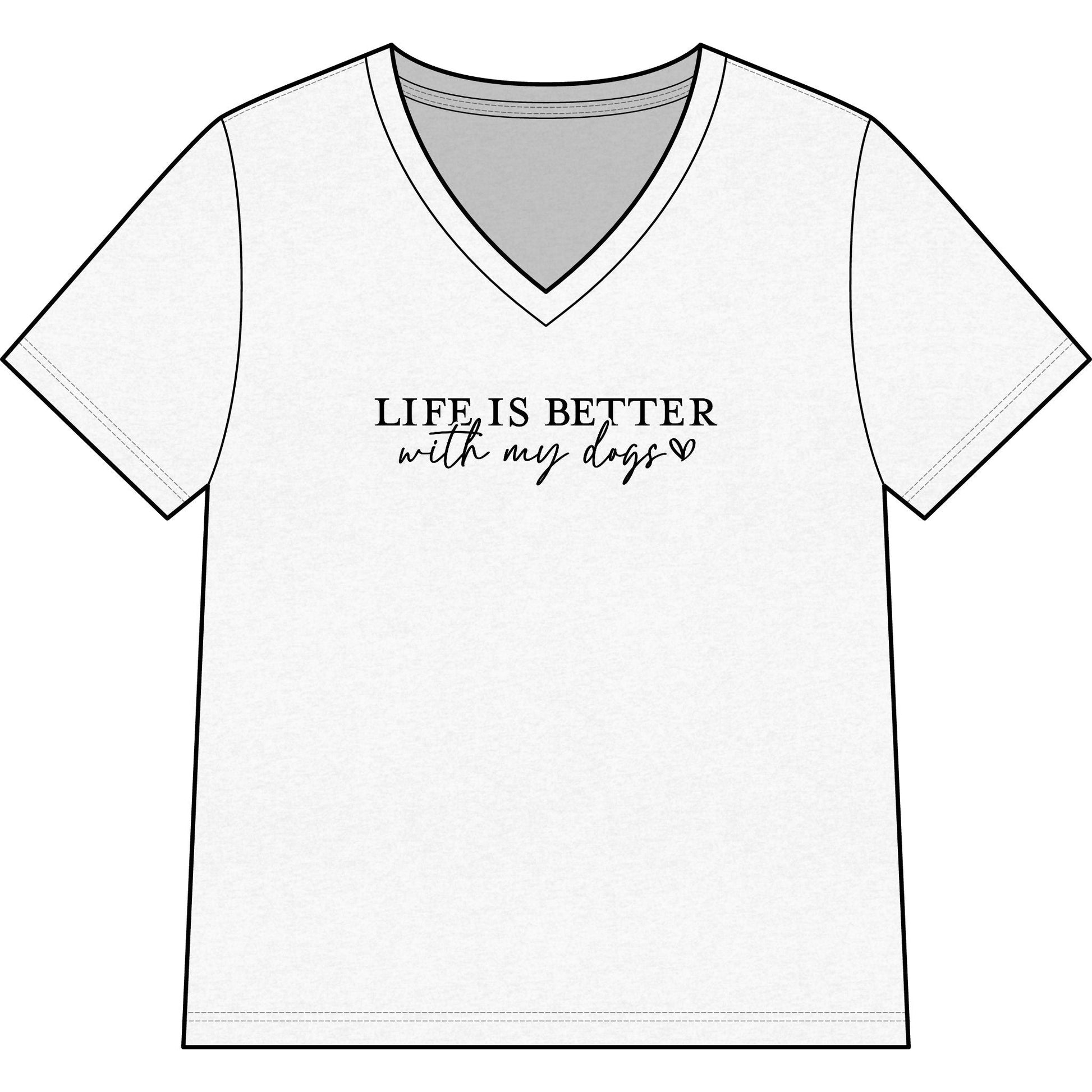 Woman wearing a soft v-neck shirt with "Life Is Better With My Dogs" script, perfect for dog lovers