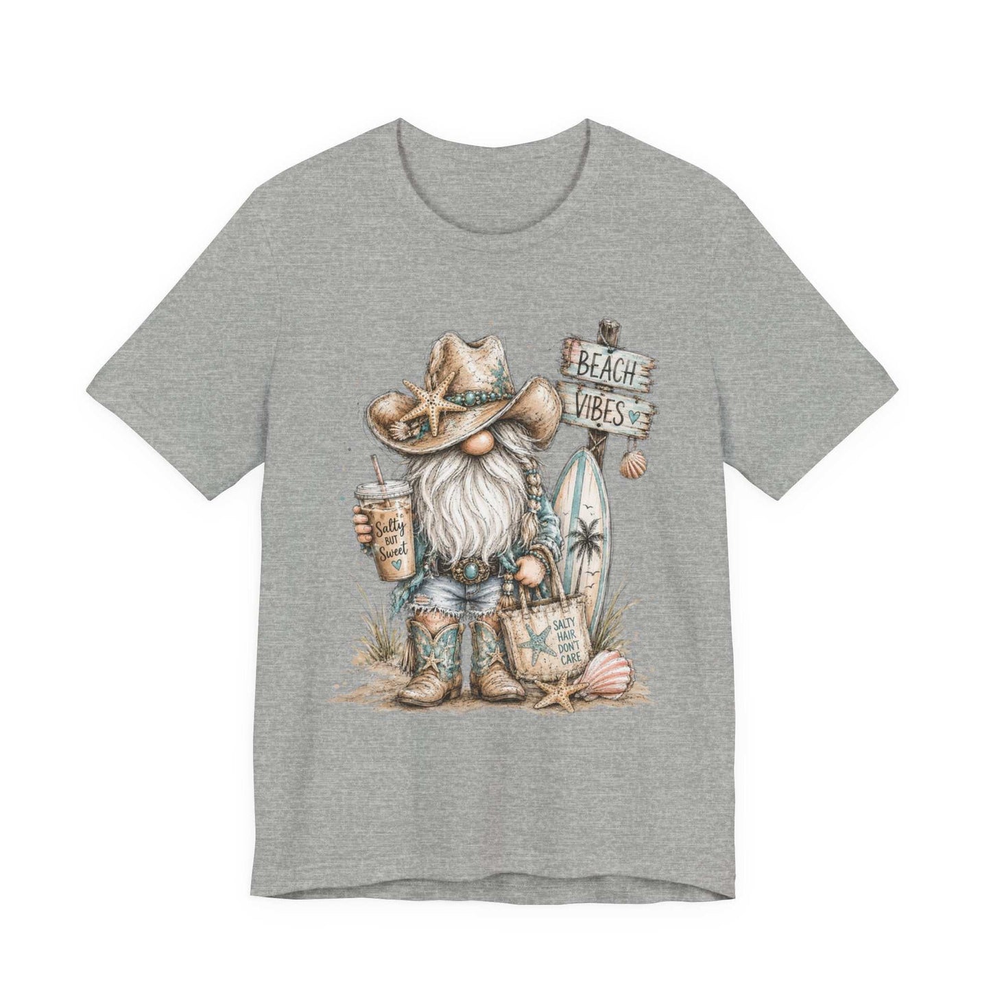 Coastal Cowgirl Beach Gnome t-shirt with turquoise accents and cowboy boots in watercolor style